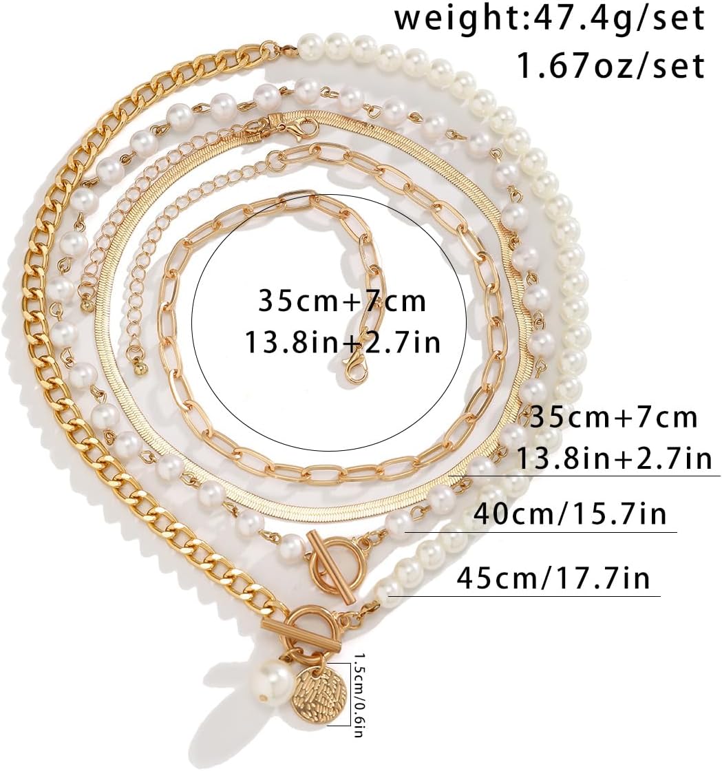 Gold Layered Necklaces for Women Pearl Chocker Paperclip Chain Cuban Link Snake Chain Coin Pearl Pendant OT Clasp Stackable Chocker Necklaces Jewelry Gift for Women - Image 4