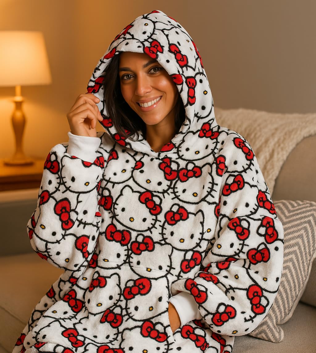 Kanguru, Felpa Coperta Donna con cappuccio, Hello Kitty Hoodie Oversize, plaid con maniche indossabile, idea regalo donna Natale o Compleanno, in pile 100% Microfibra, 85x75 cm vestibilità larga