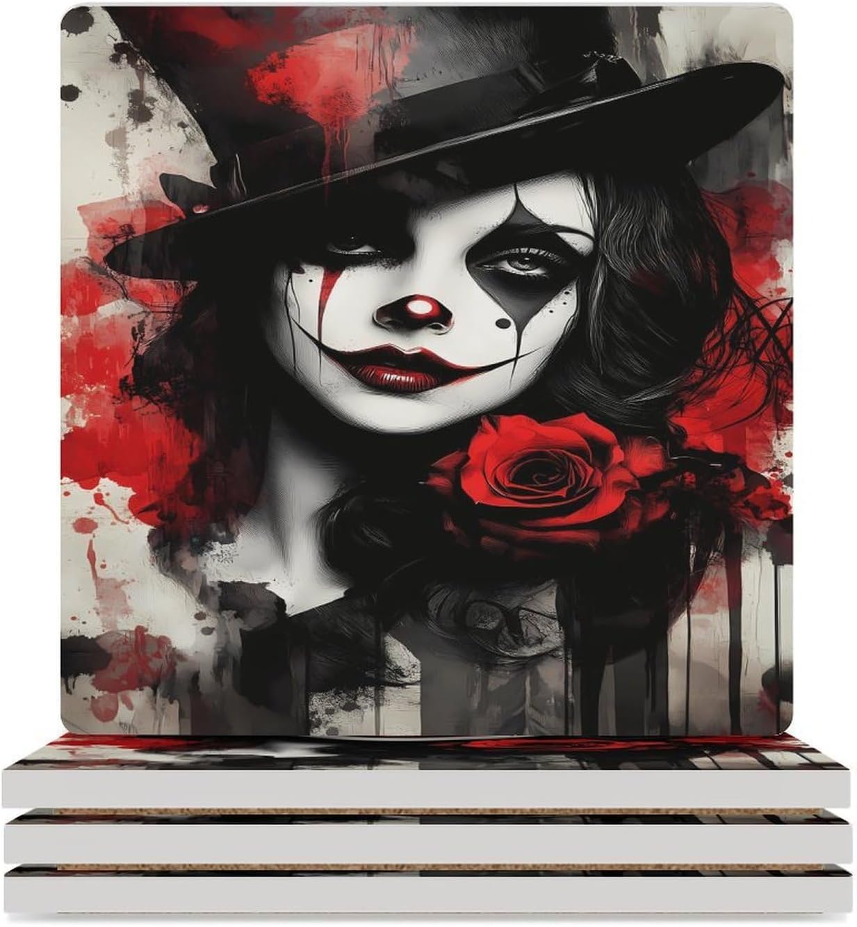 Pretty Clown Woman Rose Painting Ceramic Coasters Set Square Drink Coasters Table Coaster for Kitchen Desktop Decor