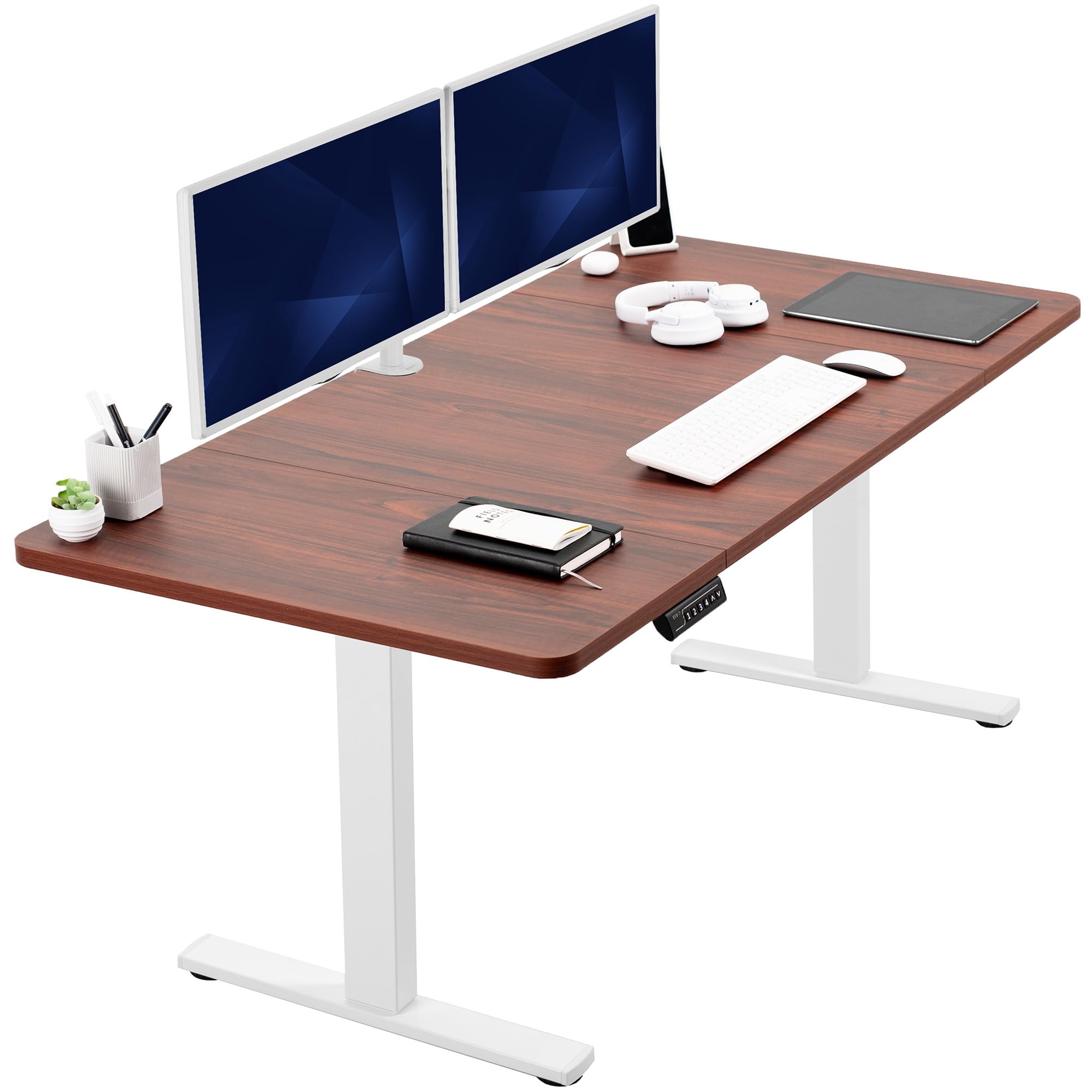 VIVO Electric 60 x 30 in Standing Desk, Memory Height Adjustment, 1B Series, Holds 220 lbs, Dark Walnut Top White Frame, DESK-KIT-1W6D-30