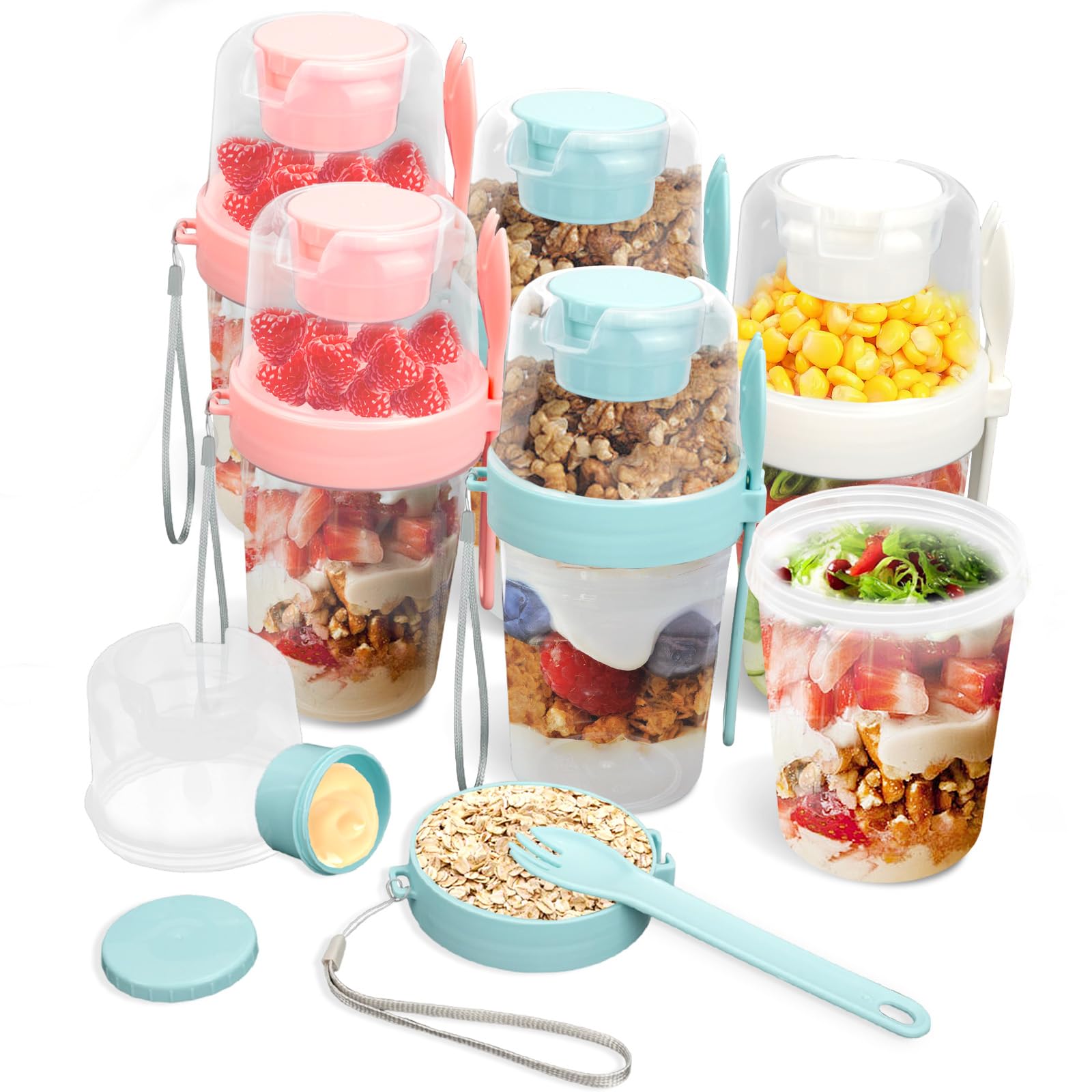 MAIJIAJU 6 PCS Overnight Oats Container Jar with Lid Spoon, 800ml Yoghurt Pots Reusable Granola Fruit Breakfast Pots Cereal Container with Sauce Cup for Salads, On the Go Porridge Bowl for Travel