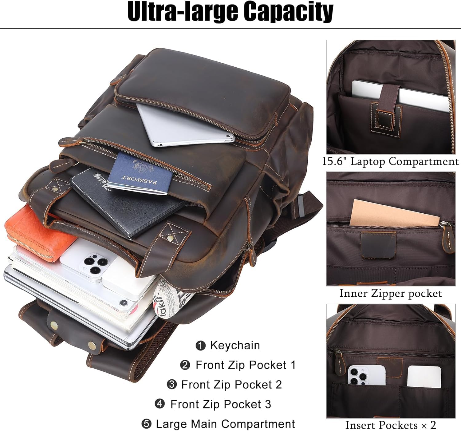 TIDING Vintage Full Grain Leather 17 Inch Laptop Backpack for Men Large Business Travel Daypack Computer Rucksack, Brown - Image 8