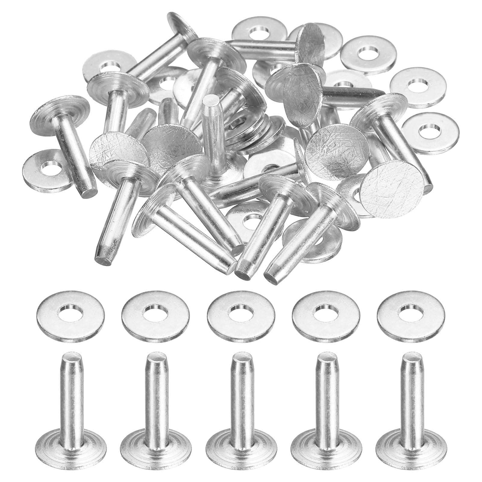 sourcing map 20Set Aluminum Rivets and Burrs Washers 10x3.3x14mm Dimpled Finish Aluminum Solid Leather Rivet Fastener Studs Posts for Leather DIY Craft Belts Wallets Collars, Silver