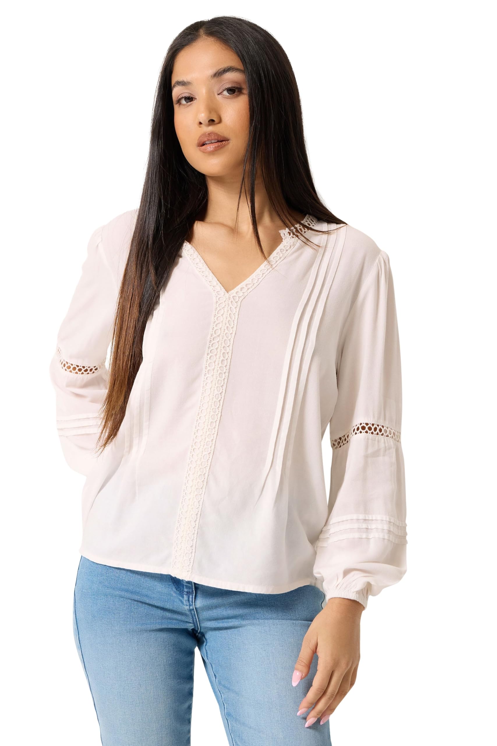 M&Co Women's Ivory Petite White Lace Trim Pintuck Blouse