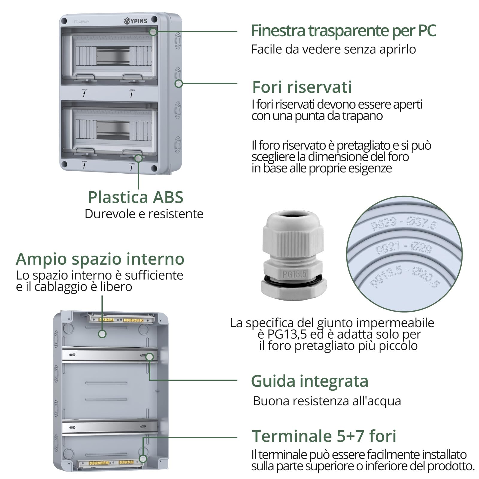 EYPINS Quadro Elettrico Esterno 24 Moduli,Scatola di Distribuzione da Parete,Impermeabile IP65,per Esterno,Giardino(280 * 110 * 360 mm)