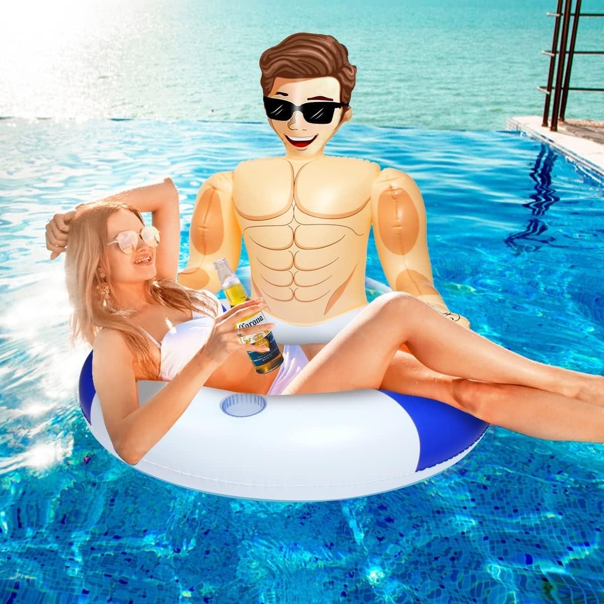 Condition photo showing As Is for silph plc pool float, inflatable swim ring with cup holder for party, pool toys for adult/kids relaxing & pool hunk ring for lifeguard