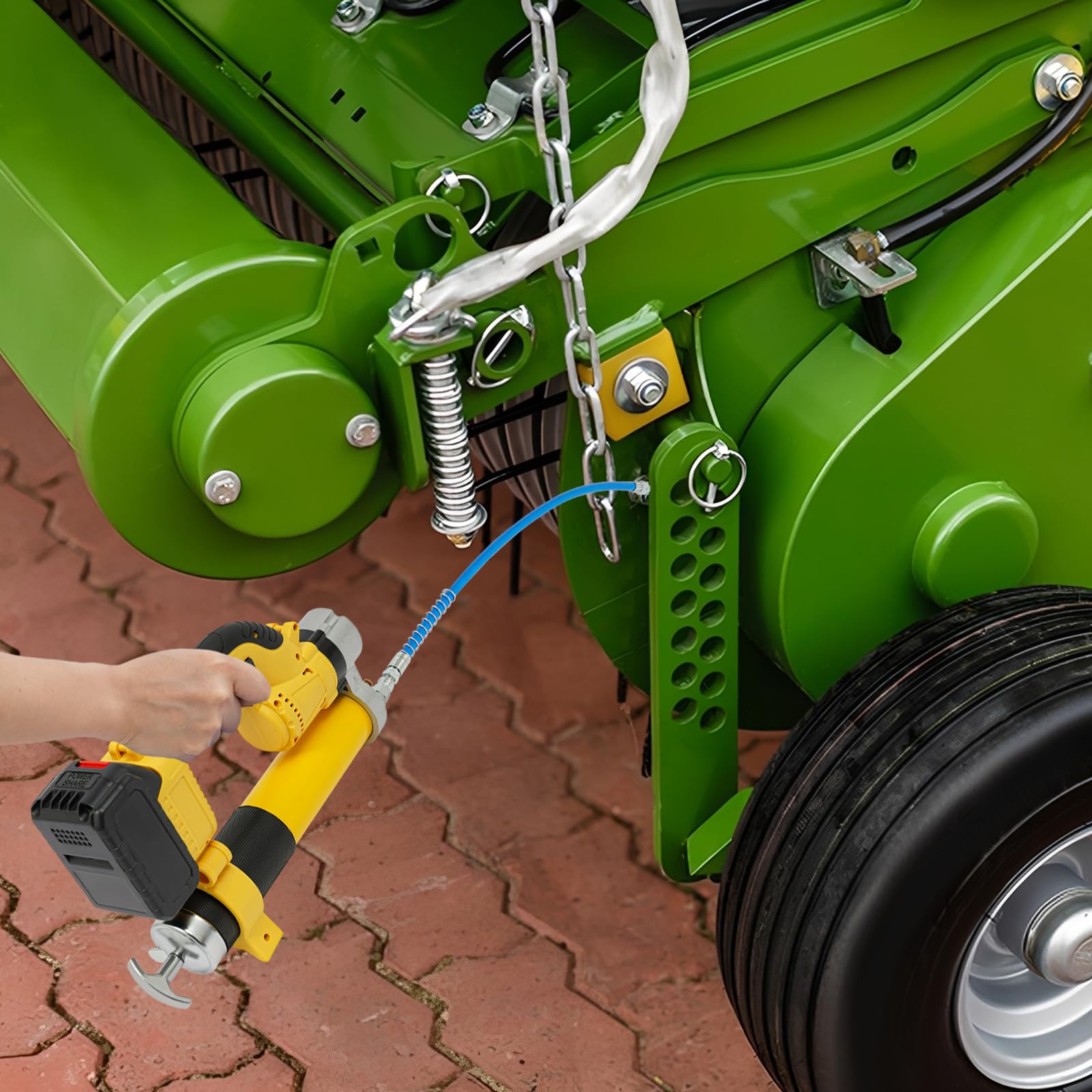 Elektryczna wyciskarka do smaru 21 V, bezszczotkowy silnik 300 W, 8500 psi, wydajność tłoczenia 177 ml/min, pojemnik na tłuszcz 400 cm³, w zestawie akumulatory 2 x 1500 mAh, ładowarka, elastyczny wąż