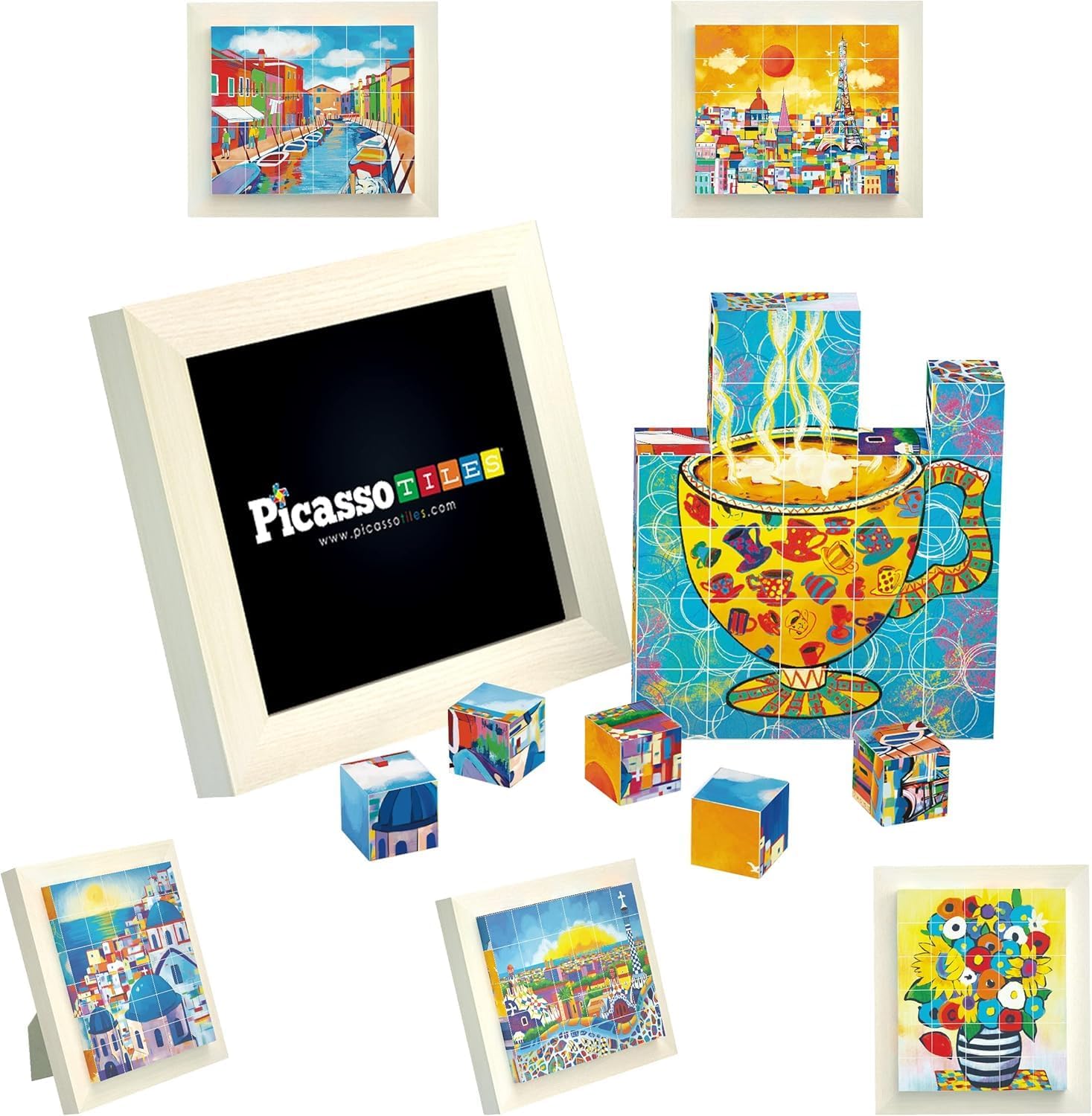 PicassoTiles Magnet Building Tiles+6-in-1 Painting Puzzles Cubes, Building Blocks Construction Toy Block Stack, Magnetic Cube Puzzle Blocks Tiles Mix Match