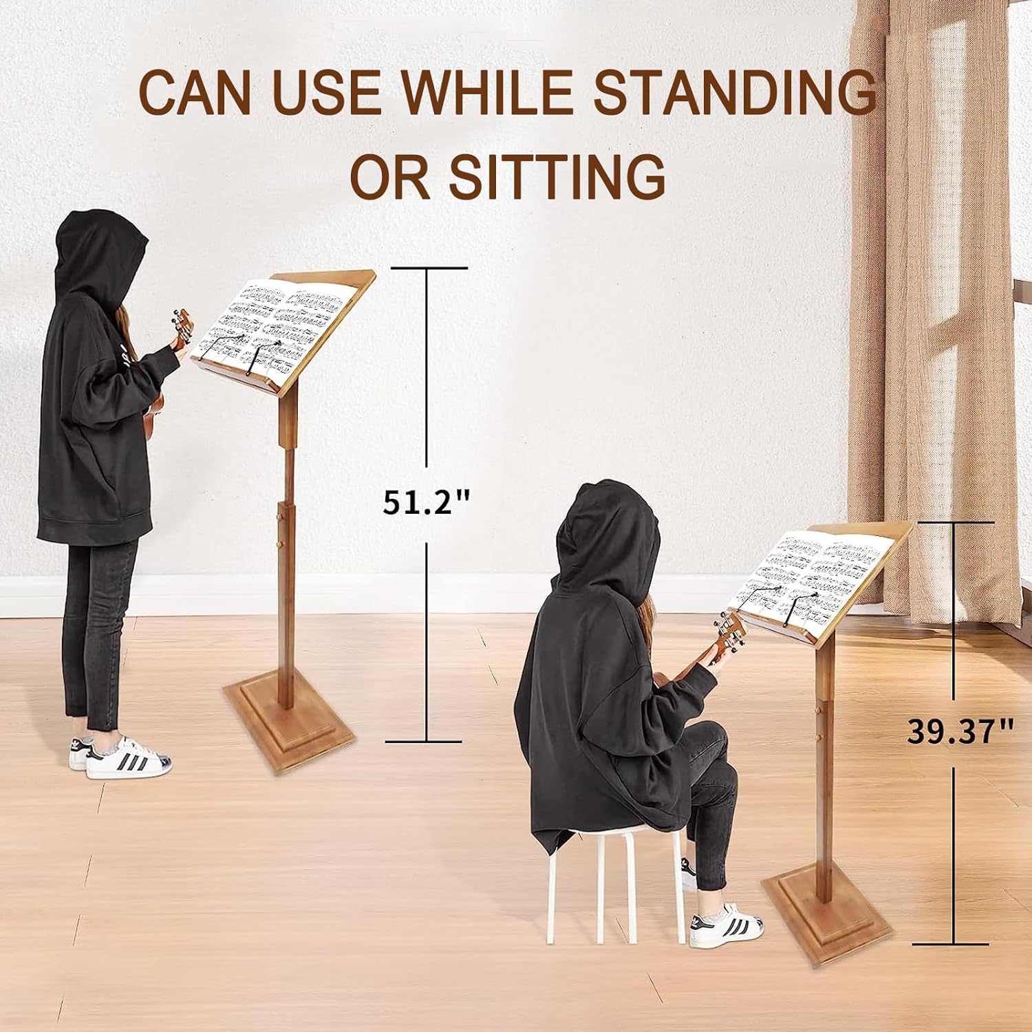 Atril de bambú para partituras, para guitarra, violín, ukelele, tocar y leer, para partituras, atril portátil, altura ajustable, 39.4 a 51.2 pulgadas, soporte de música plegable