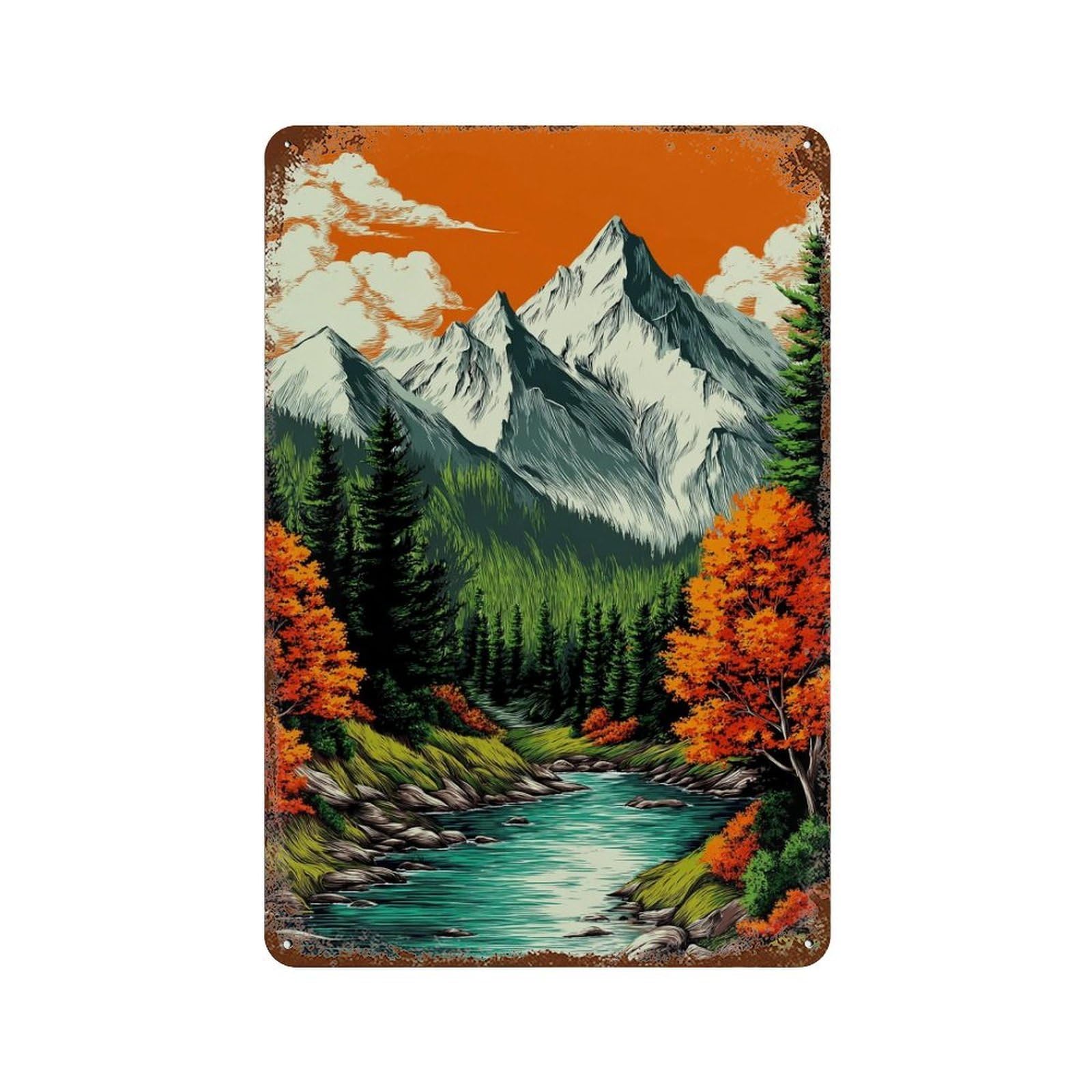 Rust Effect Mountain River Scenery Vintage Metal Tin Sign 11.8"x7.9", Farmhouse Wall Decor for Garage, Bar And Workshop Decor