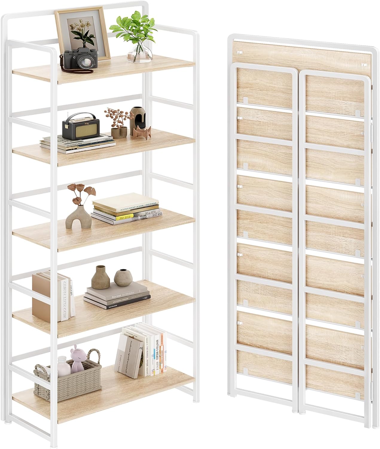 No Assembly Folding Bookshelf, 5 Tiers Collapsible Book Shelf for Home Office, Vintage Wood Foldable Bookcase Storage Organizer for Living Room Bedroom (Beige) 5-tier Beige