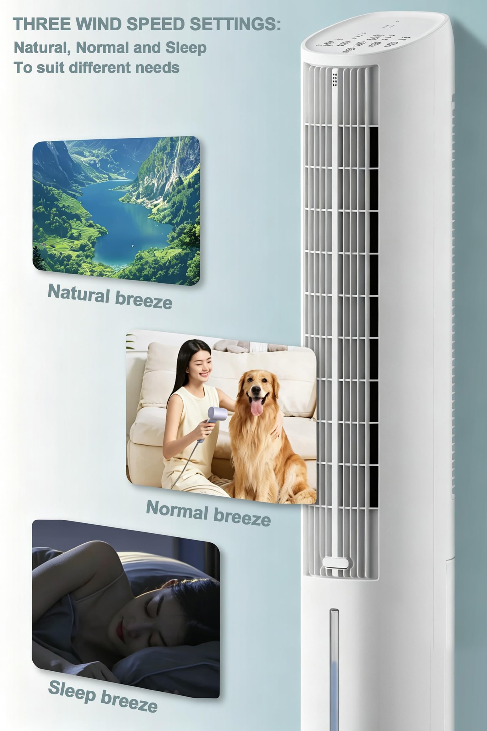 VLites Turmventilator mit Wasserkühlung Luftkühler | 3 Geschwindigkeiten, 60°-Oszillation, 3L Wasserkühlung, für Wohnzimmer Schlafzimmer