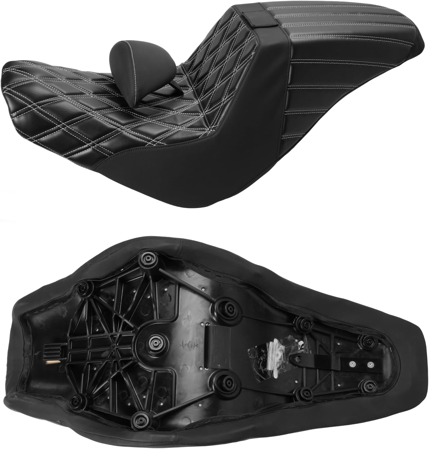Motorcycle Two-Up Seat with Backrest for Harley Low Rider S/ST, Step-Up Seat for Harley FXLR FXLRS FXLRST Softail Sport Glide FLSB (2018-later) / White Line