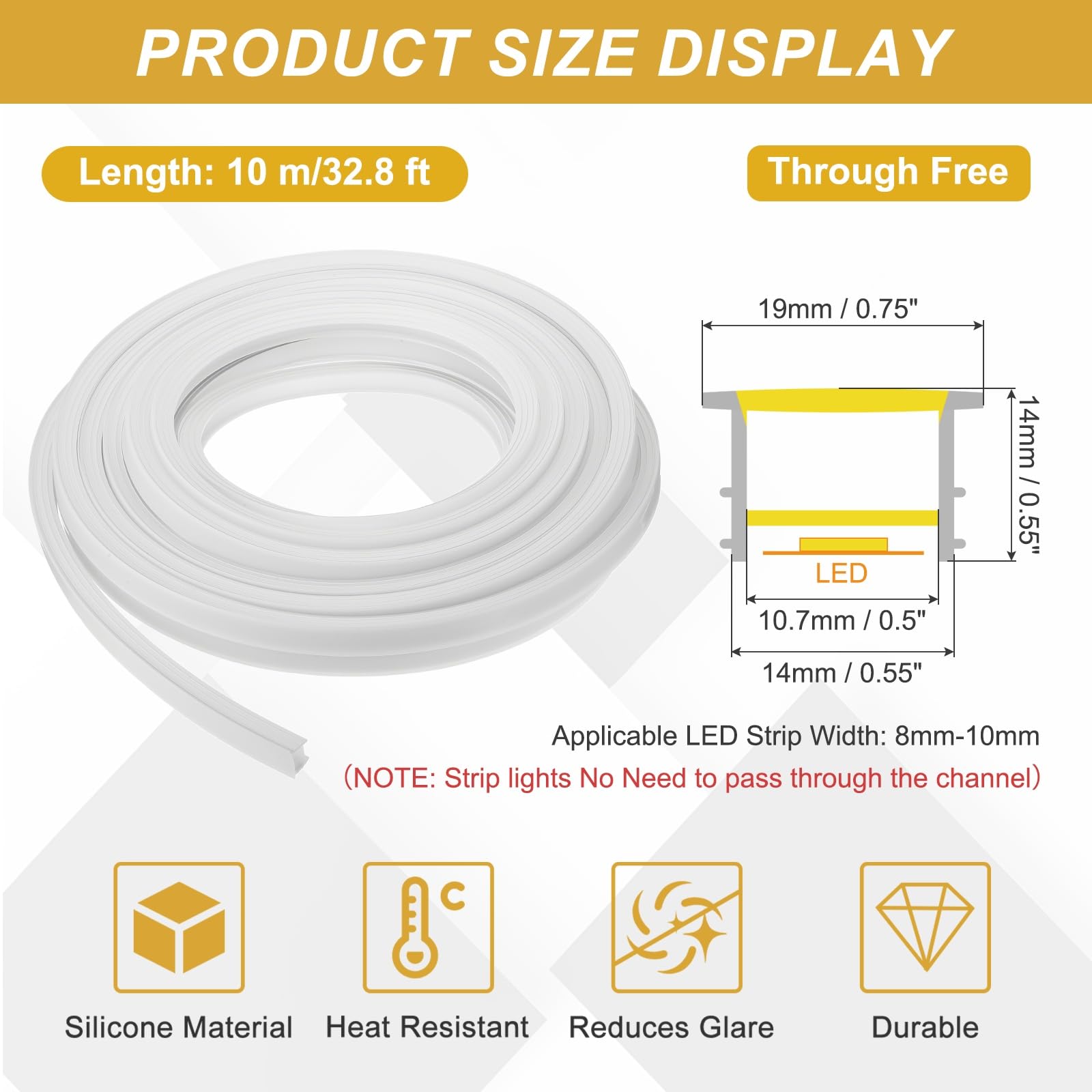 sourcing map Canale diffusore LED da 10 m, sistema di canali LED in silicone da 14 x 14 mm, striscia luminosa flessibile al neon per strisce luminose da 8 mm-10 mm, decorazione per interni ed esterni