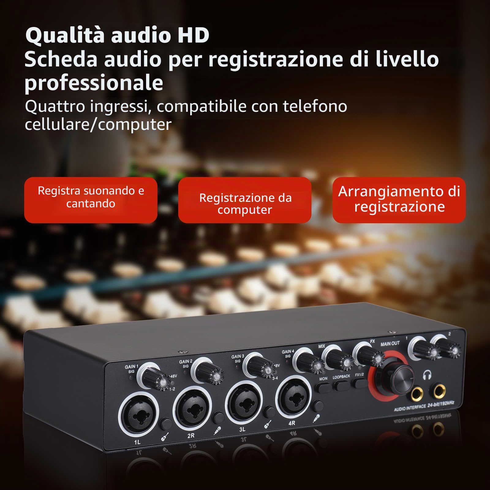 Scheda audio con interfaccia USB a 4 canali con alimentazione phantom da 48 V, 2 ingressi e 2 uscite, 24 bit 192 kHz per registrazione professionale, karaoke dal vivo, streaming, performance DJ e