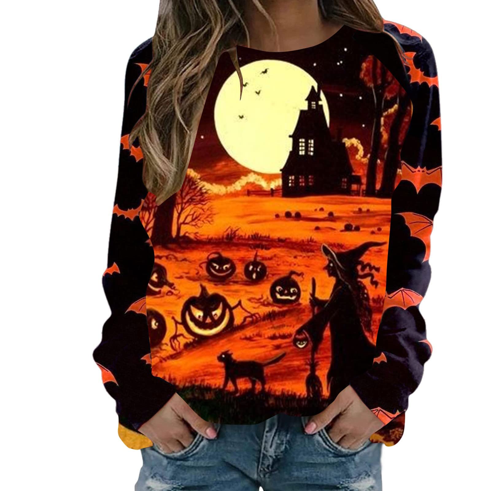 Women's Casual Fashion Halloween Print Long Sleeve O-Neck Pullover Top