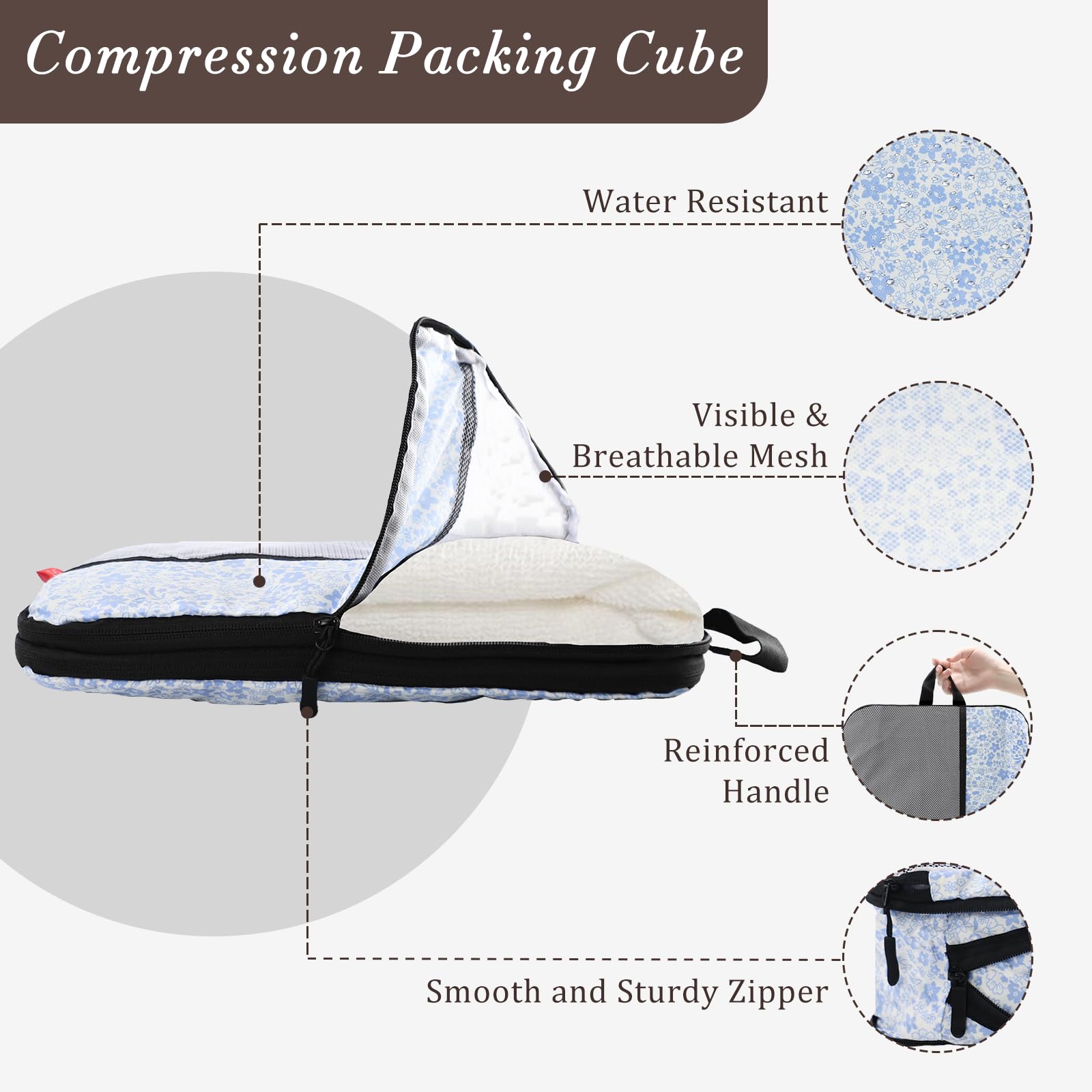 U+U Set di 10 cubi per imballaggio a compressione, organizer da viaggio (fiore blu) | Set da viaggio completo salvaspazio