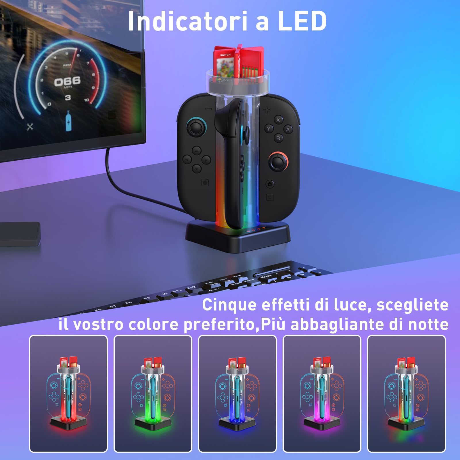 LONGYI Dock di ricarica per JoyCon di Switch 2, Stazione di Ricarica Magnetica con 5 Modalità di illuminazione, Caricatore per Controller con 6 Giochi per Gli Accessori di Switch 2