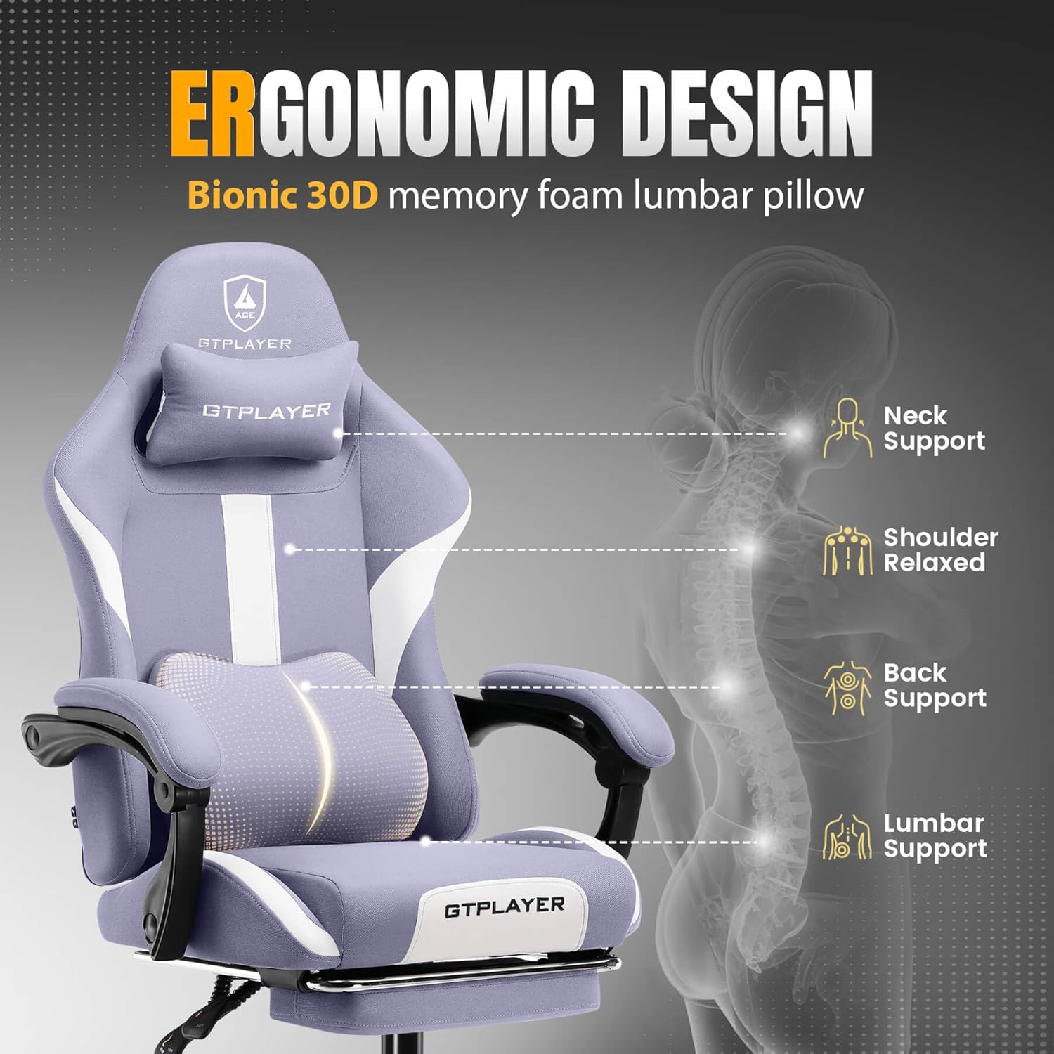 GTPLAYER Gaming Chair with Foot Rest & Pocket Spring Cushion, Ergonomic High Back Computer Desk Chair with Headrest & Lumbar Support for Back Pain Relief, Breathable Fabric, Purple