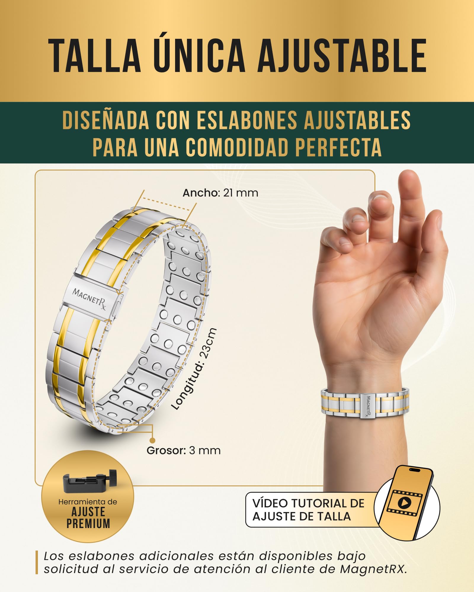 MagnetRX® Pulsera magnética de titanio 3X Fuerza – Pulseras magnéticas para hombre – Cierre plegable premium y longitud ajustable con herramienta de tamaño(Oro plateado)