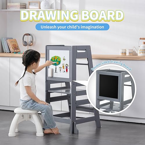 Miniatura 10 de UNICOO Taburete de cocina de bambú de altura ajustable para niños, torre de aprendizaje y taburete auxiliar para baño, encimera de cocina, diseñado