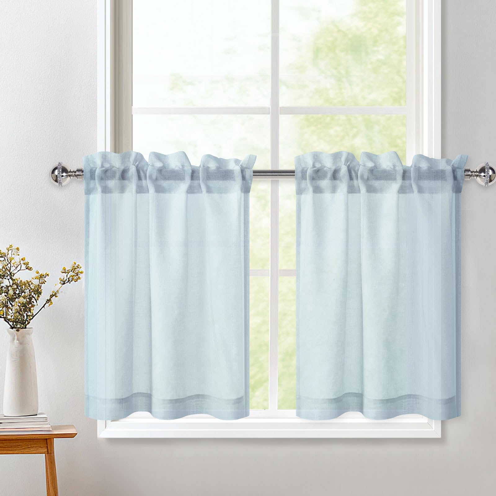 DWCN Baby Blue Net Curtains for Windows 24 Drop Rod Pocket Voile Curtains — image 1