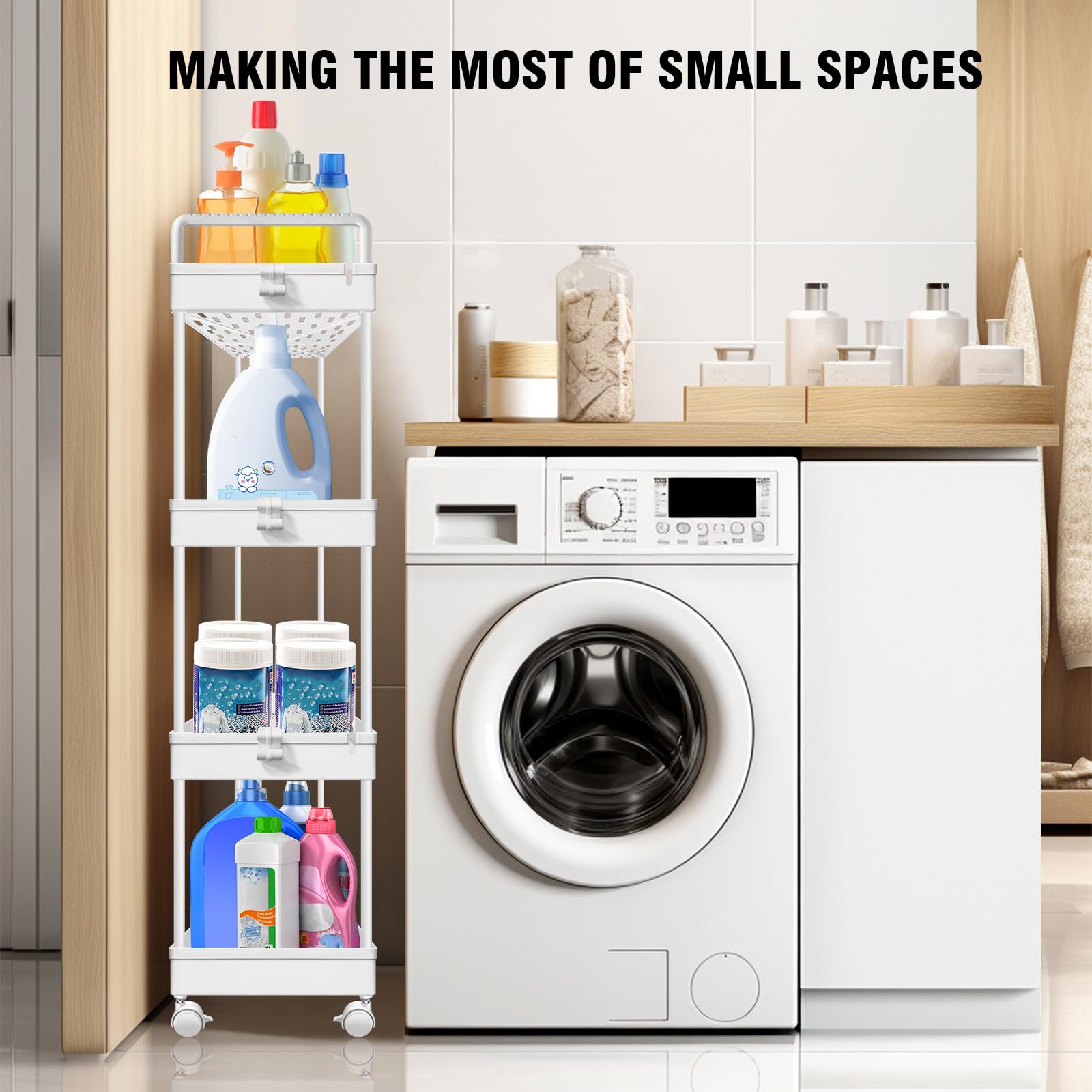Carrito de Almacenamiento con Ruedas y asa, Carrito utilitario metálico rodante para baño, Cocina, Dormitorio, lavadero, Oficina, Organizador de estanterías móvil.