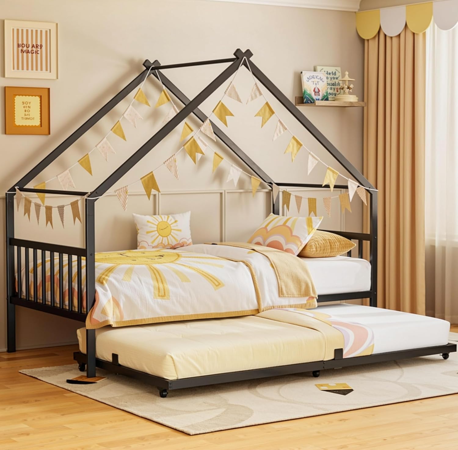 LIKIMIO Twin Daybed with Trundle, House Shaped Metal Sofa Bed Frame, Black, No Box Spring Needed, Kids Bedroom Guest Room Furniture