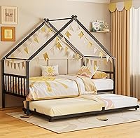 LIKIMIO Twin Daybed with Trundle, House Shaped Metal Sofa Bed Frame, Black, No Box Spring Needed, Kids Bedroom Guest Room Furniture