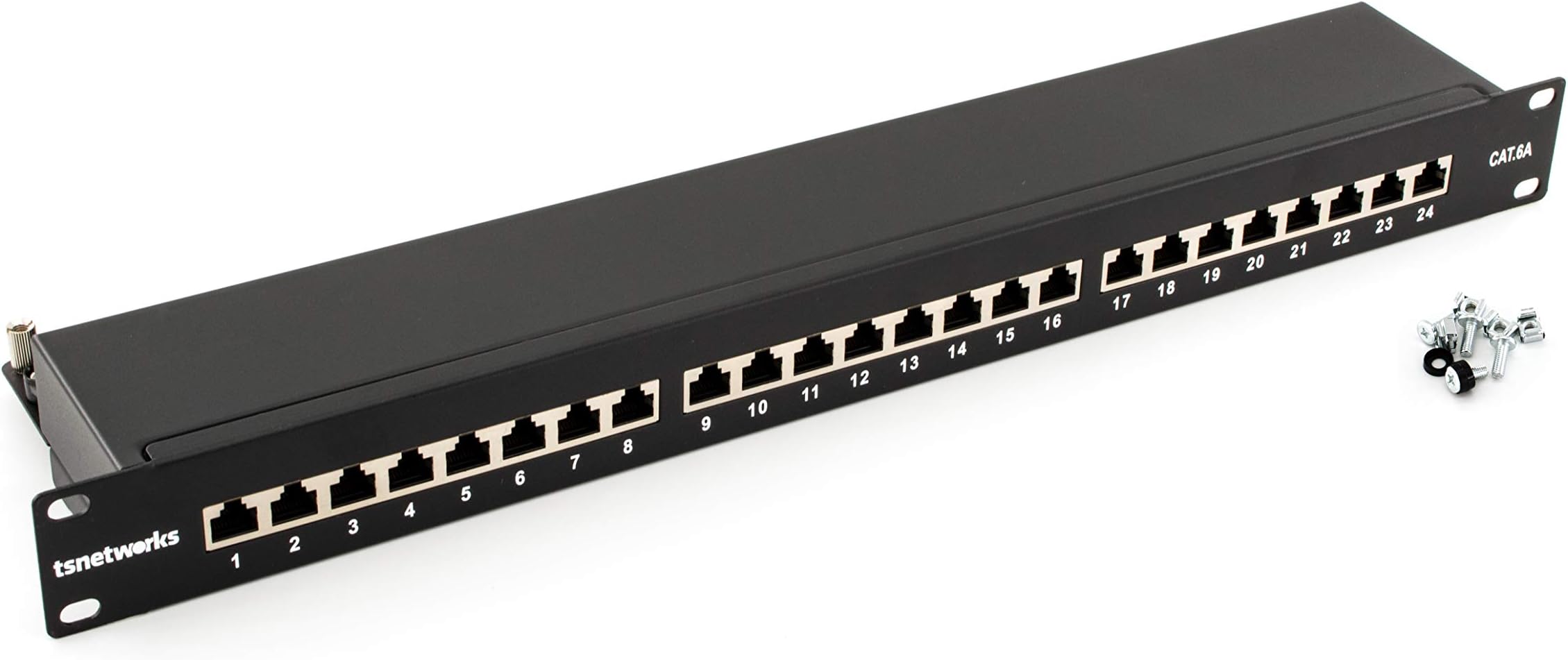 Patch panel 48.3 cm/19 FTP mounting, black, including keystone jack 24-Port Cat. 6A