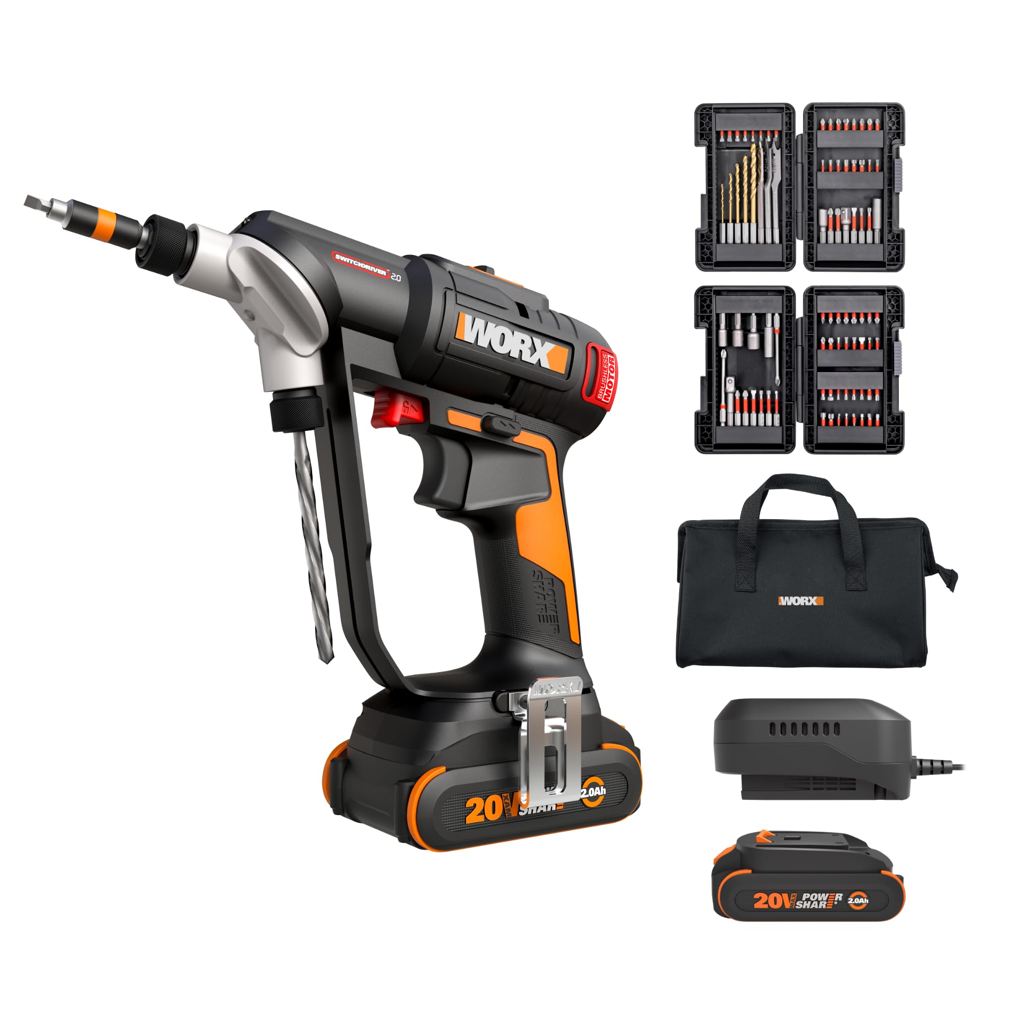 WORX Nitro SwitchDriver 2.0 20V with 85-Piece Accessory Kit, 2-in-1 Brushless Cordless Screwdriver, 1/4" Rotary Dual Drill Set, WX177L.2 (Battery and