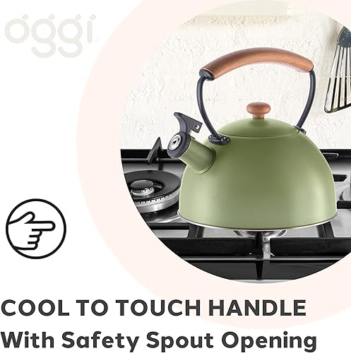 Miniatura 20 de OGGI Hervidor de té para estufa, 85 onzas/2.5 litros, acero inoxidable con silbato fuerte y mango de madera que se mantiene fresca, hervidor de agua