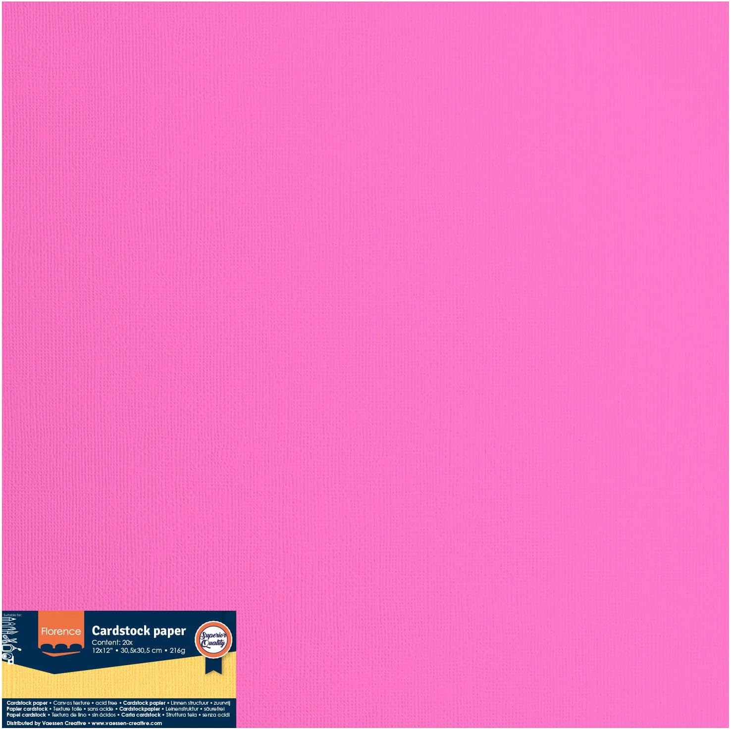 Vaessen-Creative Florence Textured Cardstock, Candy Pink, 216 Grams, 12x12 inches, 20 Sheets, for Scrapbooking, Card Making, Die Cutting and Other Paper Crafts, 30.5x30.5cm