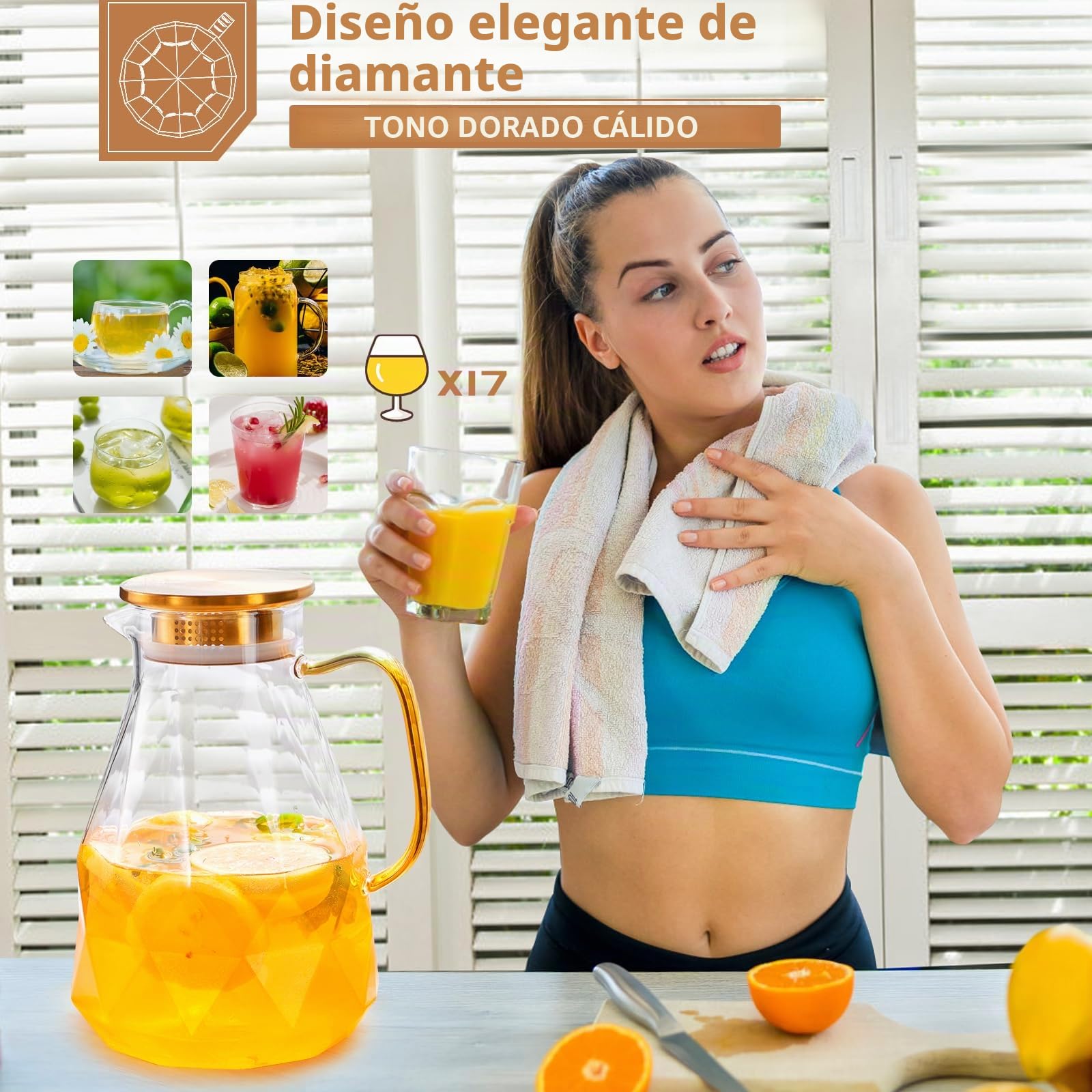 Jarra de cristal transparente de 3 litros con tapa, con forma de diamante, para frigorífico, apta para lavavajillas
