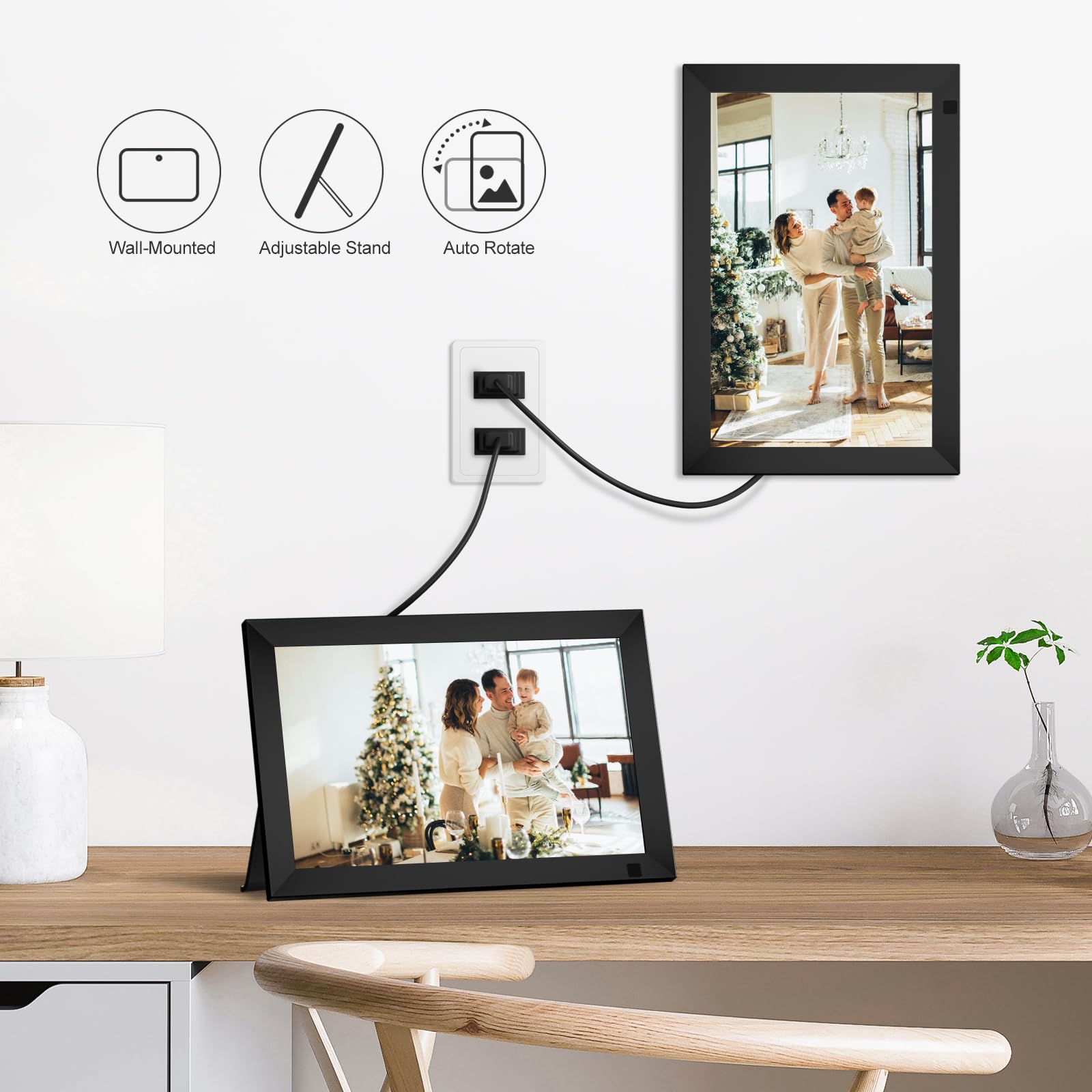 Cadre Photo Numérique WiFi de 10,1 Pouces, Mémoire Intégrée de 64 Go, Écran Tactile IPS LCD de 1280x800, Rotation Automatique et Fonction Audio, Partage à Distance de Photos et Vidéos
