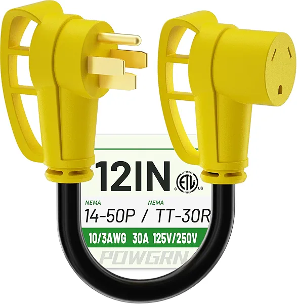 POWGRN 50 Amp to 30 Amp RV Adapter 12 inch, Heavy Duty Extension Cord 10/3 Gauge RV Electrical Adapter, NEMA 14-50P Male to NEMA TT-30R Female, STW 30AWG 30A 125V 3750W, Black-Yellow, ETL Listed
