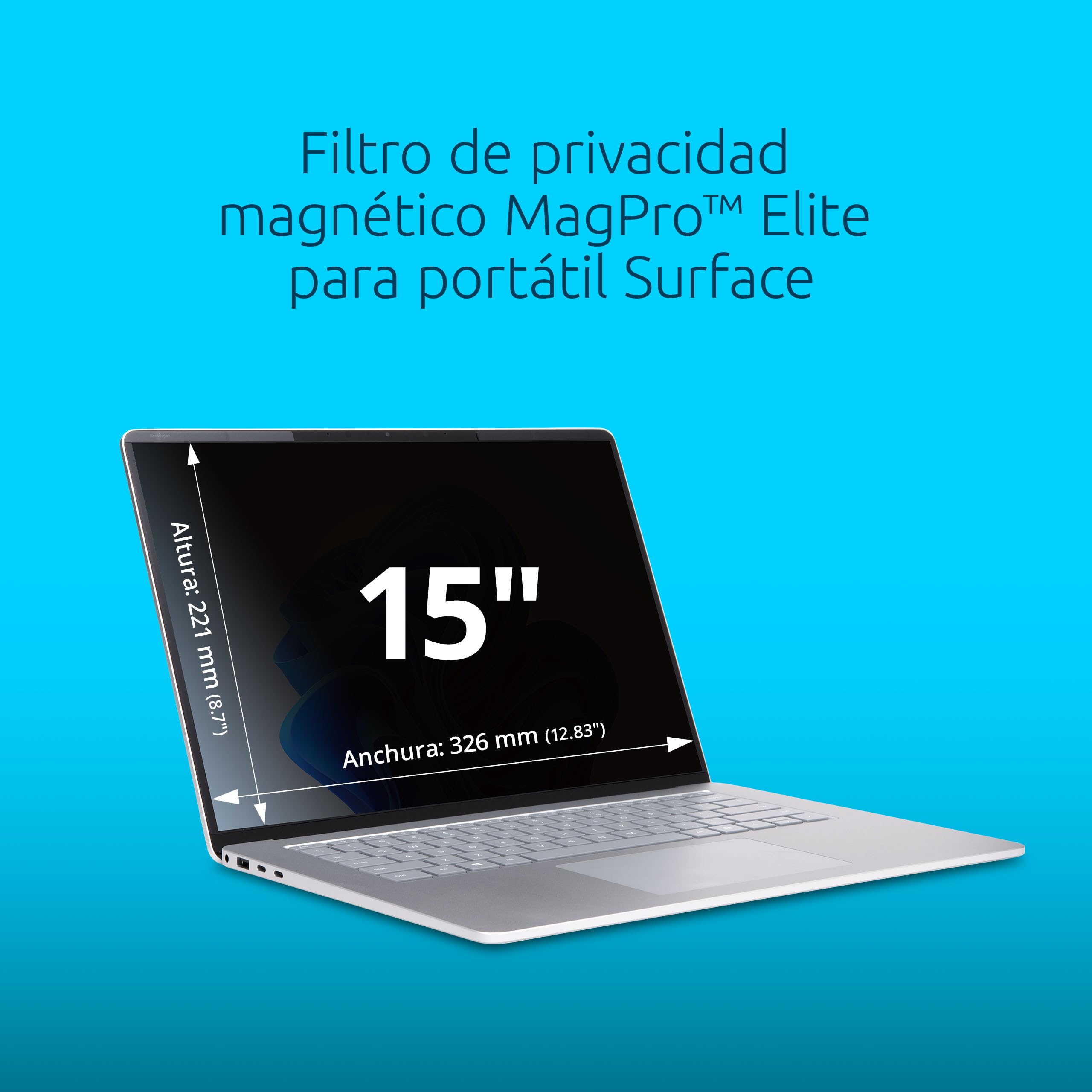 Filtro privacidad magnético MagPro Elite Kensington para portátil Microsoft Surface 15" (7ª ed.) con bloqueo luz azul, antirreflejos, antiarañazos, compatible con táctil y Surface Pen