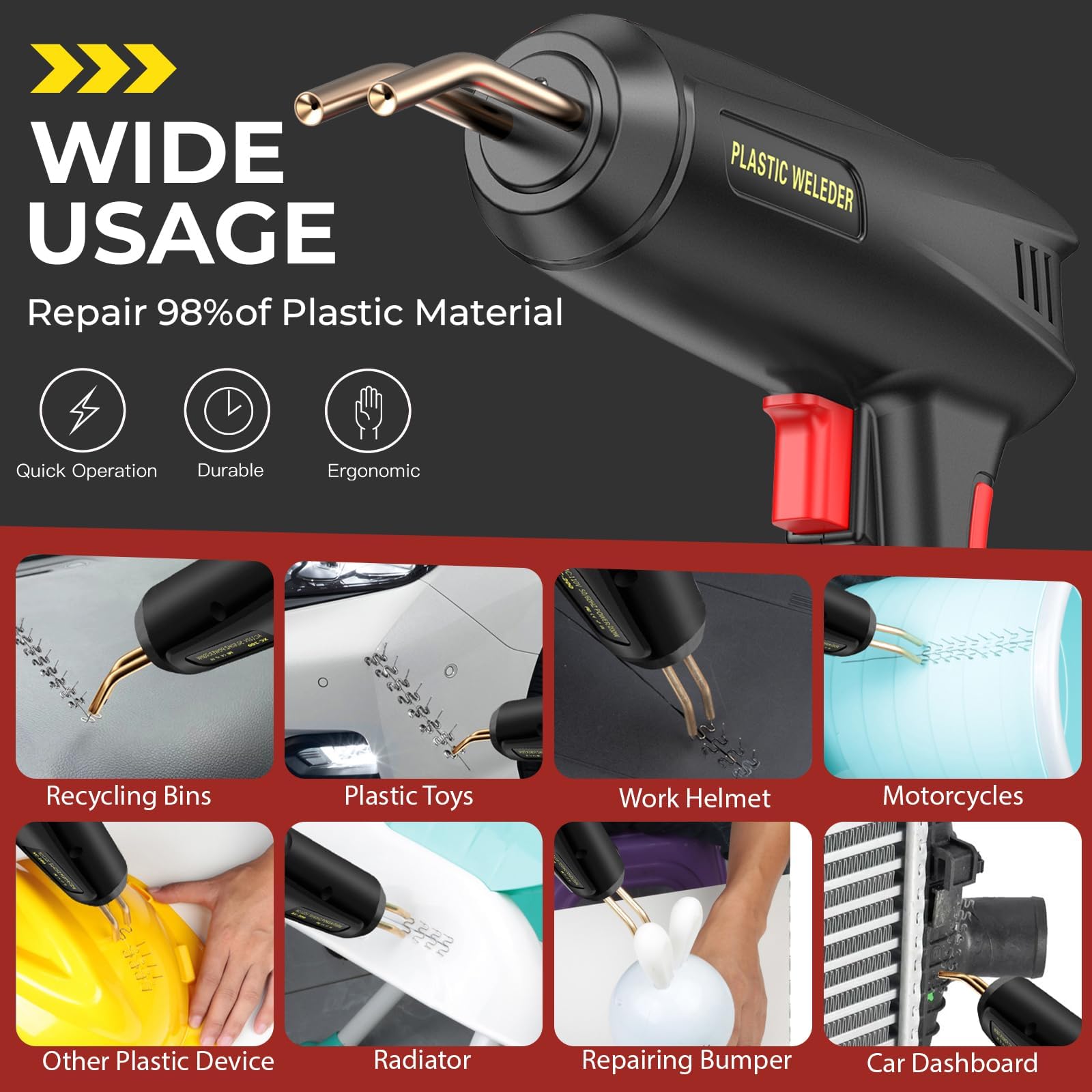 Soldador de Plástico 200W,Plástico Soldadura Máquina,2 en 1 Plástico Soldadura Reparando Kit,con 1000Pcs 6 Tipos Grapas,1Pcs Herramientas de Suavización para Reparación de Parachoques de Auto