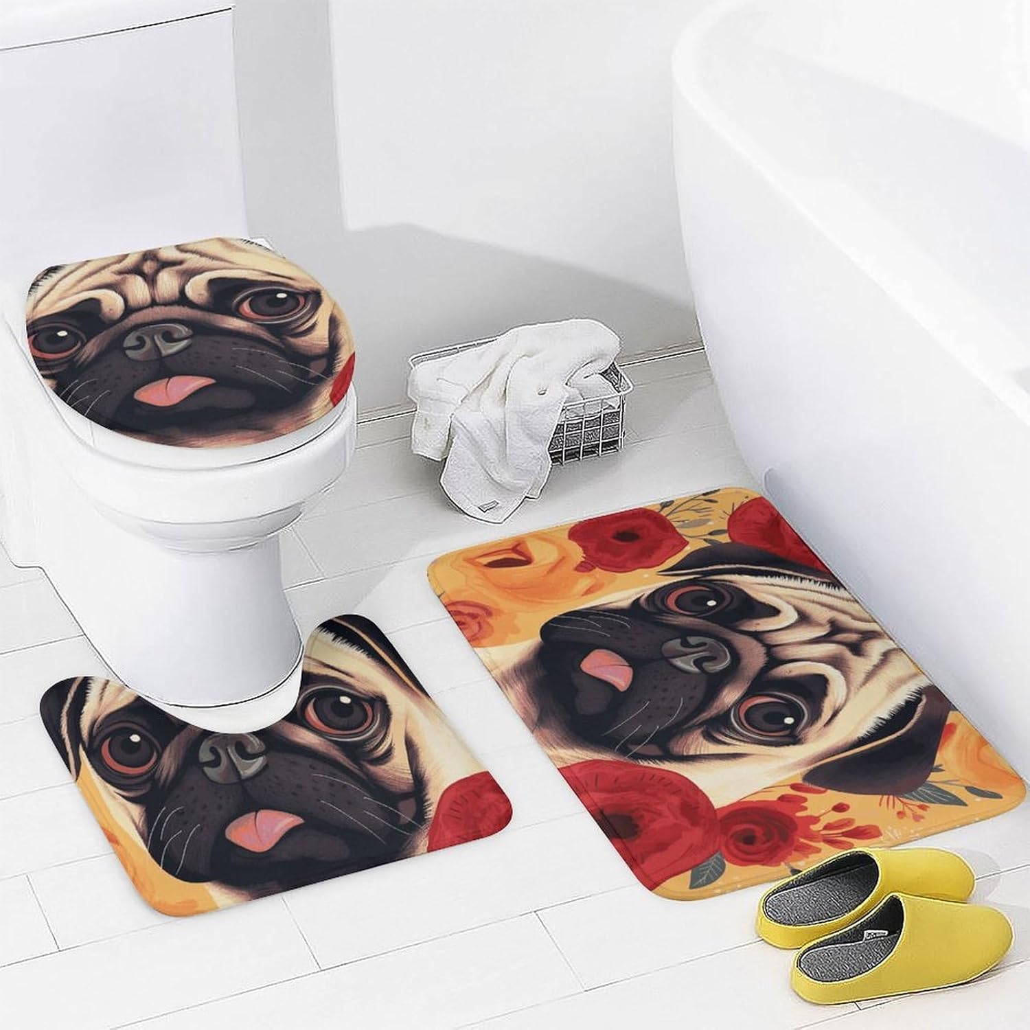 Pug Flower Shower Curtains Set 4 Piece with Non-Slip Rugs, Toilet Lid Cover and Bath Mat Soft Bathroom Carpet Waterproof Bathroom Curtain with 12 Hooks for Bathroom Decor