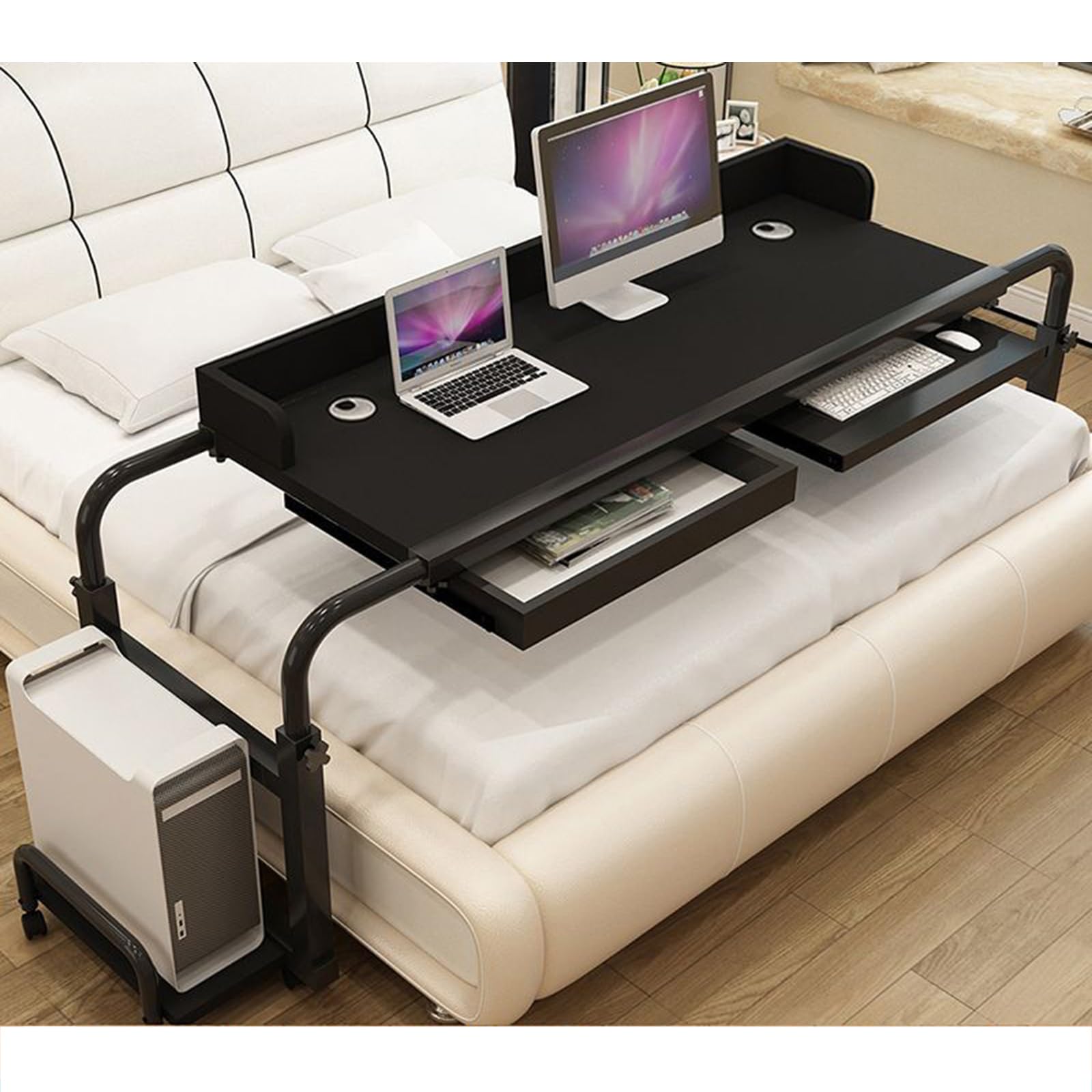 PPGE HOME Overbed Table with Wheels, King Queen Bed Table, Swivel Wheel Rolling Tray - Multifunctional Movable Cross-Bed Table, Overbed Table, Rolling Storage Trolley Mobile Computer Desk(Color:B)