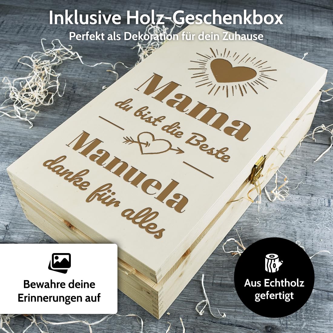 polar-effekt Wein Geschenkset 2x Weingläser 560 ml & Holzkiste mit Gravur für Mama - Geschenk zum Muttertag & Geburtstag - Gläser für Rotwein & Weißwein