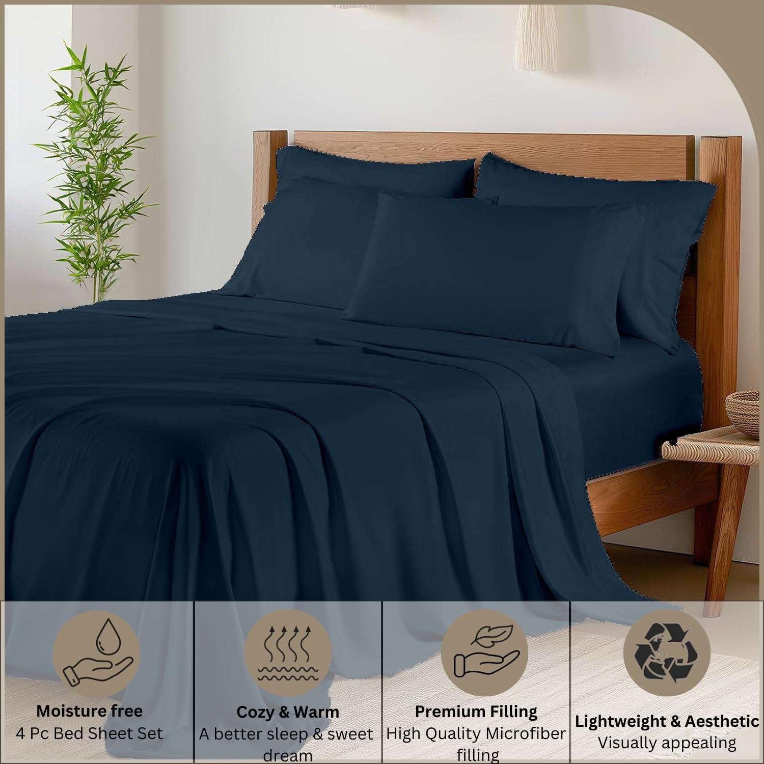 Luxury 4 Piece Queen Sheet Set, Ultra Soft Microfiber Sheets with Deep Pockets, Fits Mattresses up to 15 Inches, 60" x 80", Navy Blue Solid