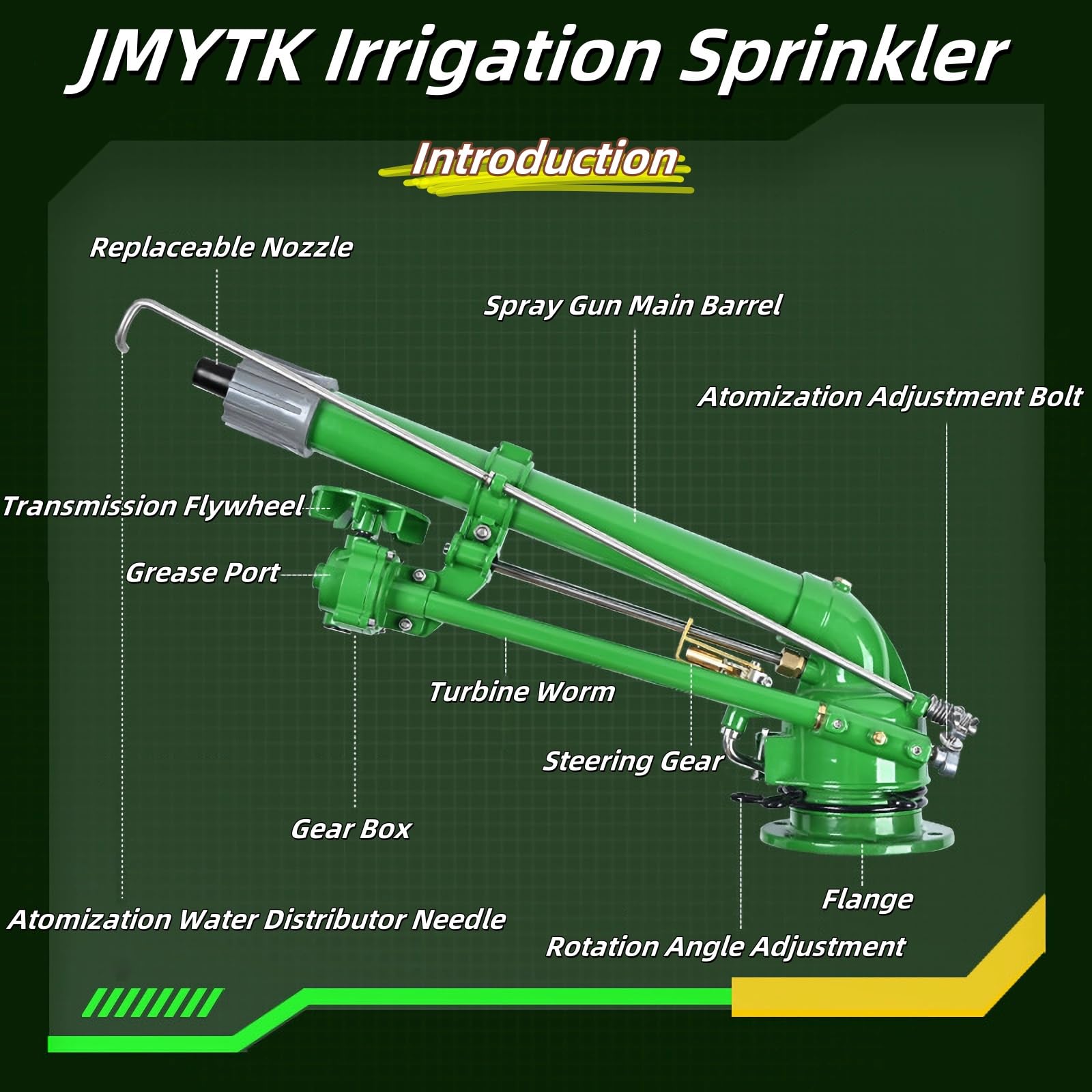Irrigatore per irrigazione agricola, spruzzo di irrigazione rotante automatico a 360° con connessione a flangia per grandi aree agricole, pascoli e controllo della polvere industriale