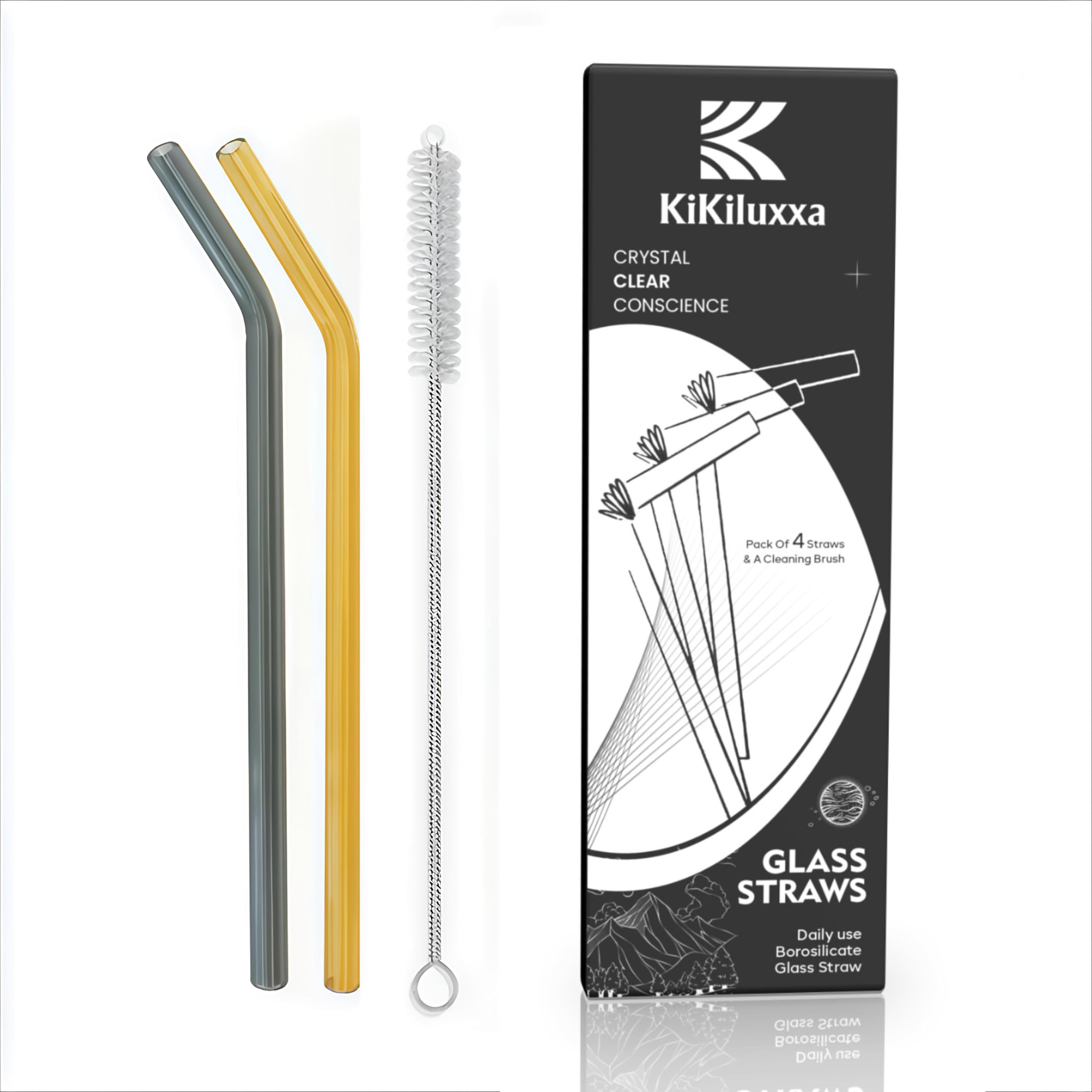 KiKiluxxa Transparent 2Balck+2Brown Straws & 1 Cleaner - Glass Straws with Cleaning Brush -Pack of 5pcs- Clear Reusable, Elegant Alternate to for Drinking Juice, Smoothie- (YZ4+1)