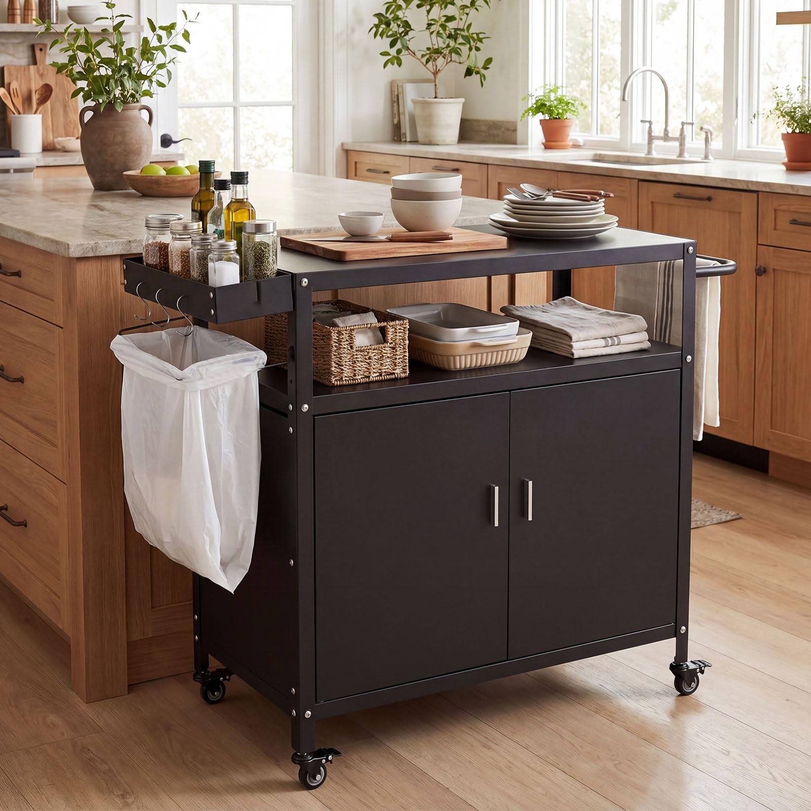 COSTWAY Carrito de Barbacoa con Ruedas, Acero, Armario de 2 Puertas, Estante, 3 Ganchos y Soporte para Bolsas de Basura, Carro de Servicio Cocina Interior y Exterior, 109 x 45 x 89 cm