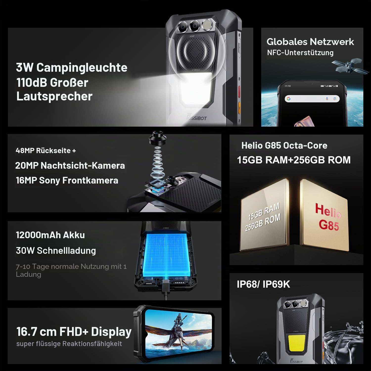 FOSSiBOT F106 Pro Outdoor Handy ohne Vertrag, Android 14 Robust Smartphone, 15GB+256GB, 12000mAh/30W, 6.58'' FHD+, 48MP+20MP, Wasserdicht IP68/IP69K/5G Dual SIM/NFC/Fingerprint/OTG/GPS (Graus) (Grey)