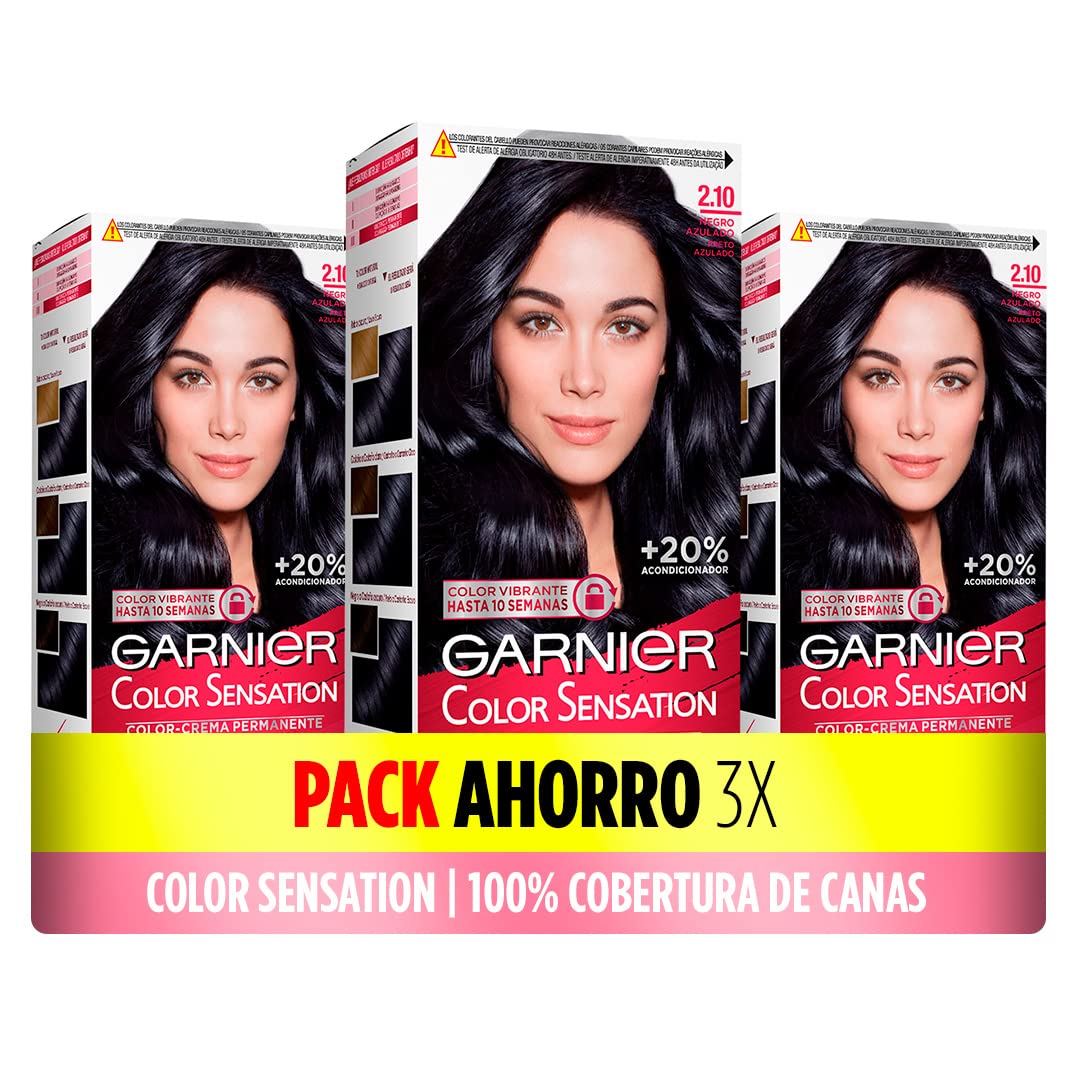 Pack de 3 Cajas de Coloración Color Sensation de Garnier: Color Vivo y Duradero, Cobertura Completa de Canas, Fácil Aplicación con Bol y Pincel, Cabello Suave y Sedoso, 2.10 Negro Azulado