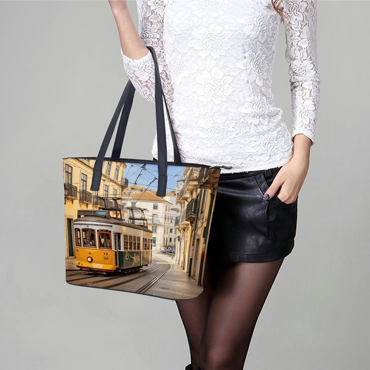 Lisbon Tram Tote Bag for Women Top Handle Large Size Satchel Purse Ladies Chic Shoulder Bag Aesthetic Leather Shoulder Handbag for Work Travel Cute Casual Message Bags
