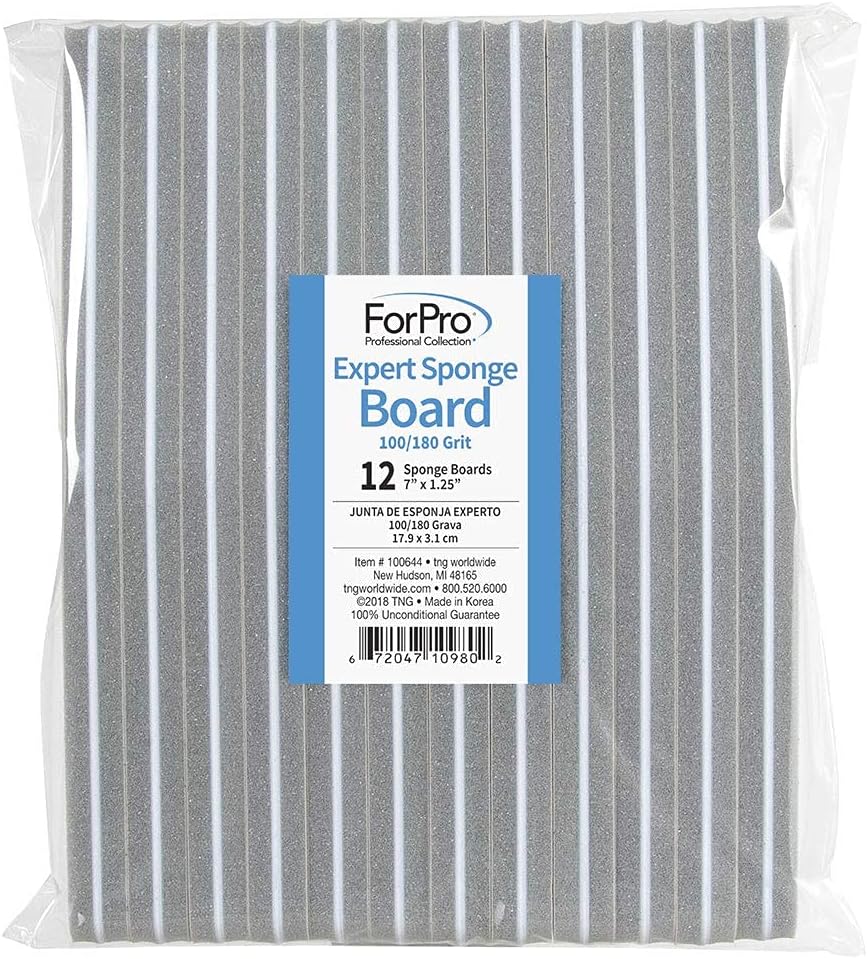 ForPro Professional Collection Expert Sponge Board, 100/180 Grit, Double-Sided Nail Board, 7” L x 1.25” W, 12-Count