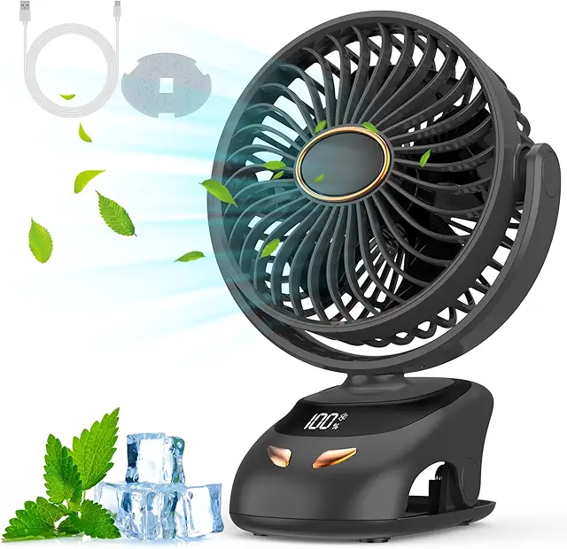 Imagen relacionada con Misilmp Ventilador USB, Pantalla Digital Ventiladores de Sobremesa Silencioso 5 Velocidades Ventilador de Mesa Portatil con Clip, 90° Rotation Ventiladores para Hogar, Oficina, Campamento (Negro)